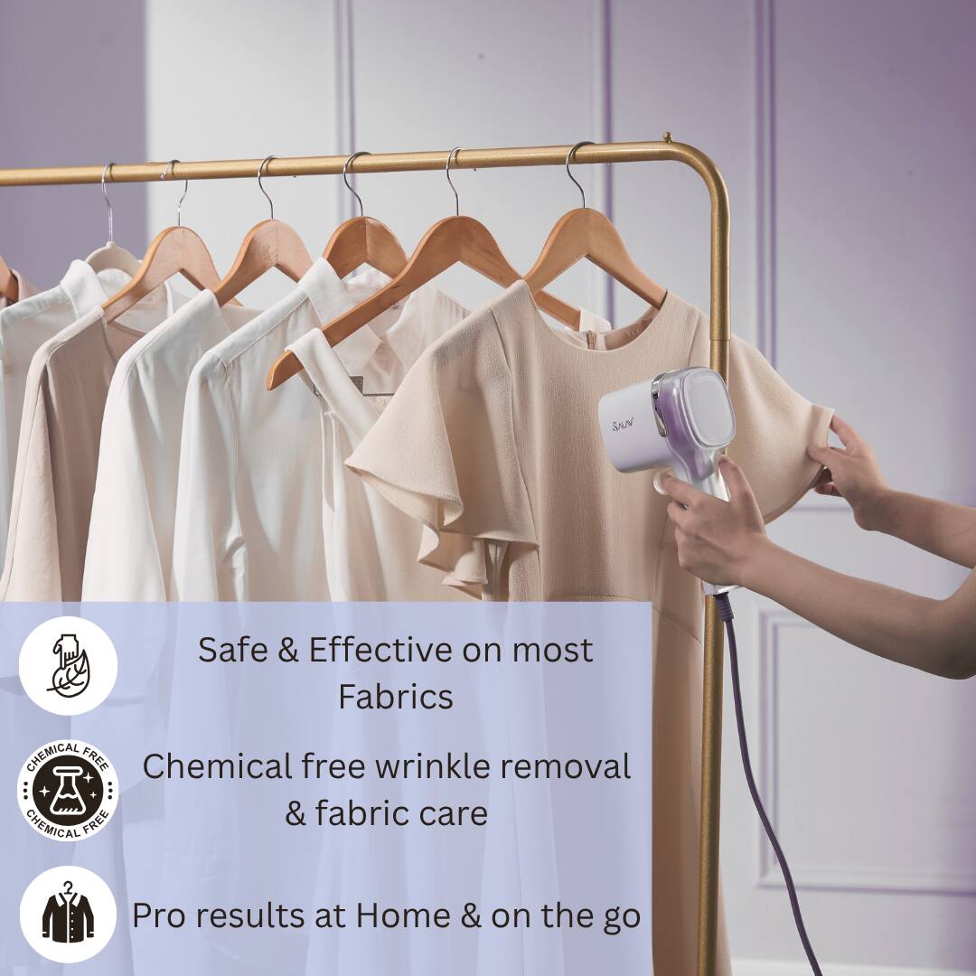 - Safe & Effective on most Fabrics
- Chemical free wrinkle removal & fabric care
- Pro results at Home & on the go