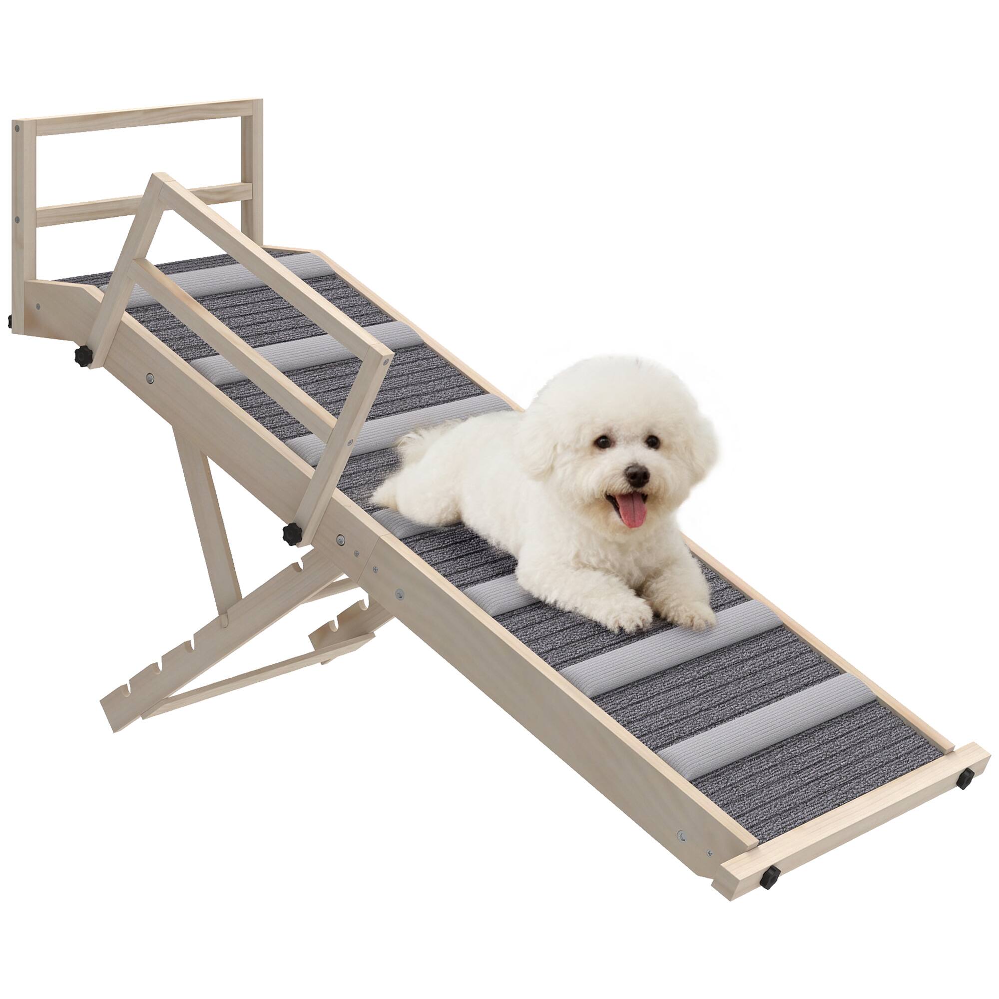 Front. Pawhut - Dog Ramp for Couch, Folding Pet Ramp, 4 Adjustable Height 15"-19", Wooden Pet Step w/Non-Slip Mat, Safety Side Rails - Natural Wood.