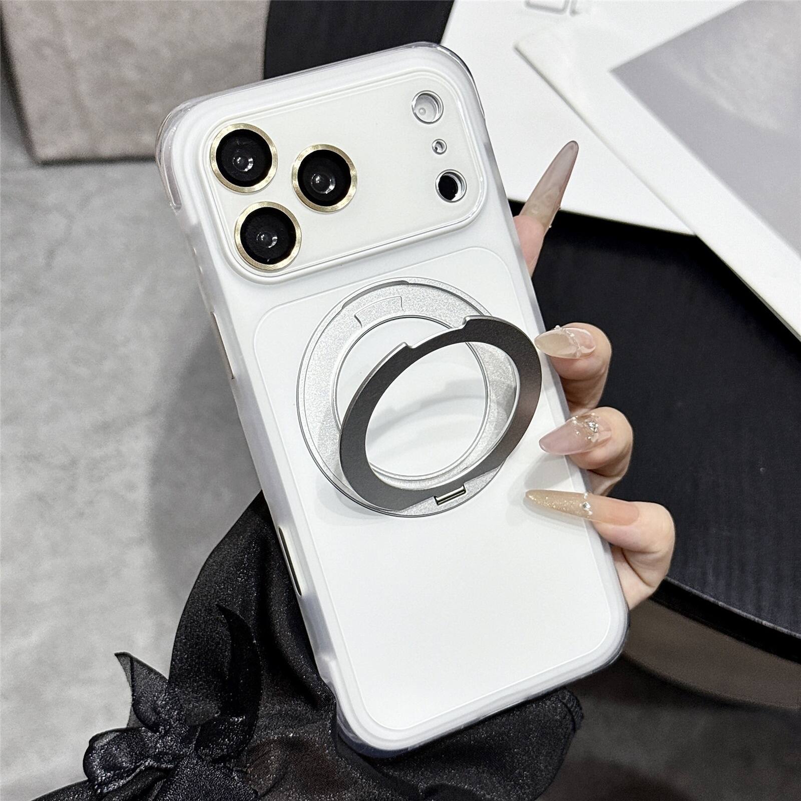 Front. Dteck - for Apple iPhone 17 Pro Max Magnetic Case with Ring Stand,Matte Back Shockproof PC TPU Cover Bulit in Full Lens Cover - White.