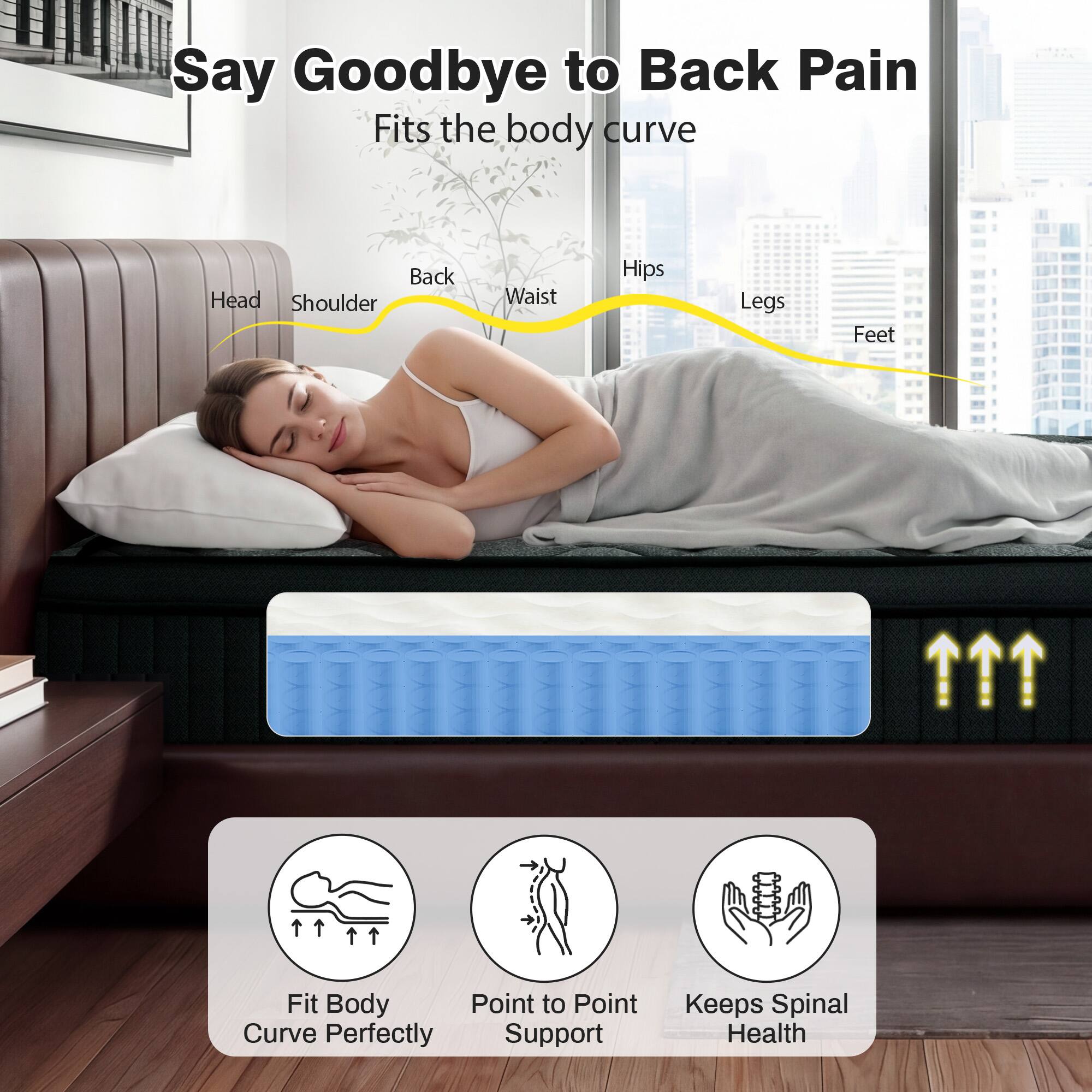 Say Goodbye to Back Pain  
Fits the body curve

- Head
- Shoulder
- Back
- Waist
- Hips
- Legs
- Feet

Fit Body Curve Perfectly  
Point to Point Support  
Keeps Spinal Health