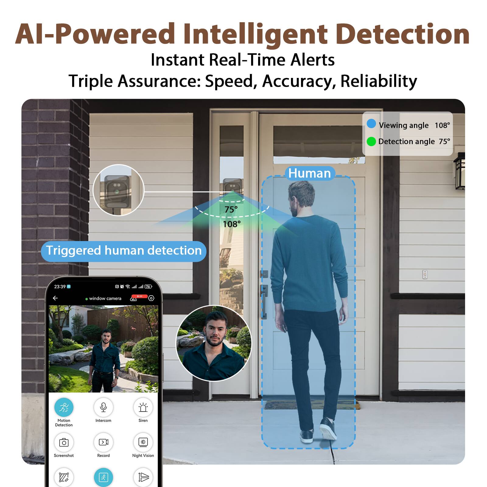 AI-Powered Intelligent Detection  
Instant Real-Time Alerts  
Triple Assurance: Speed, Accuracy, Reliability  

Viewing angle 108°  
Detection angle 75°  

Triggered human detection  

23:39  
window camera  

Motion Detection  
Intercom  
Siren  
Screenshot  
Record  
Night Vision