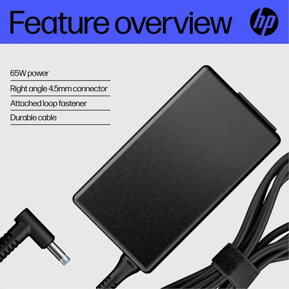 Feature overview

- 65W power
- Right angle 4.5mm connector
- Attached loop fastener
- Durable cable