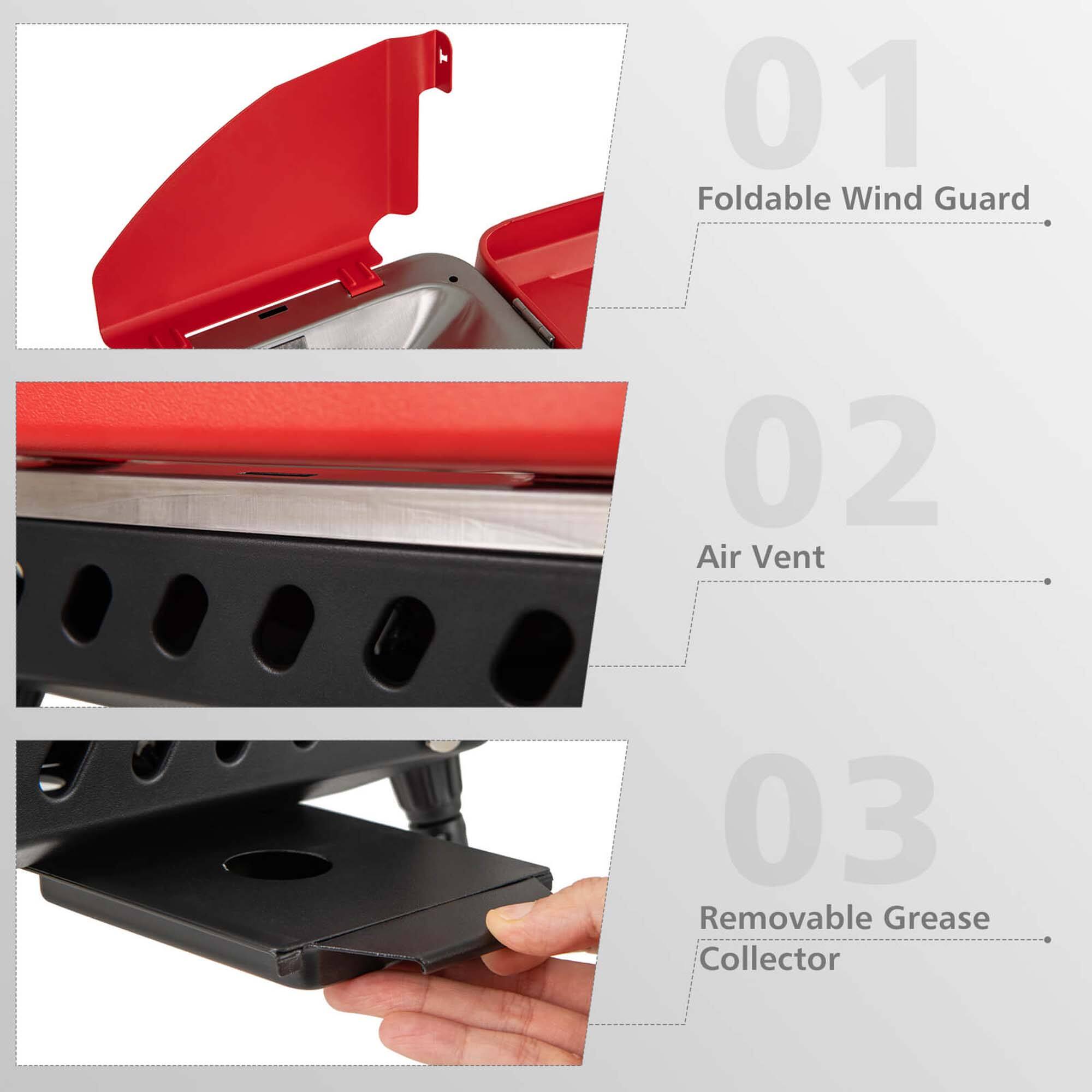 The text on the image is grouped and corrected as follows:

01 Foldable Wind Guard
02 Air Vent
03 Removable Grease Collector