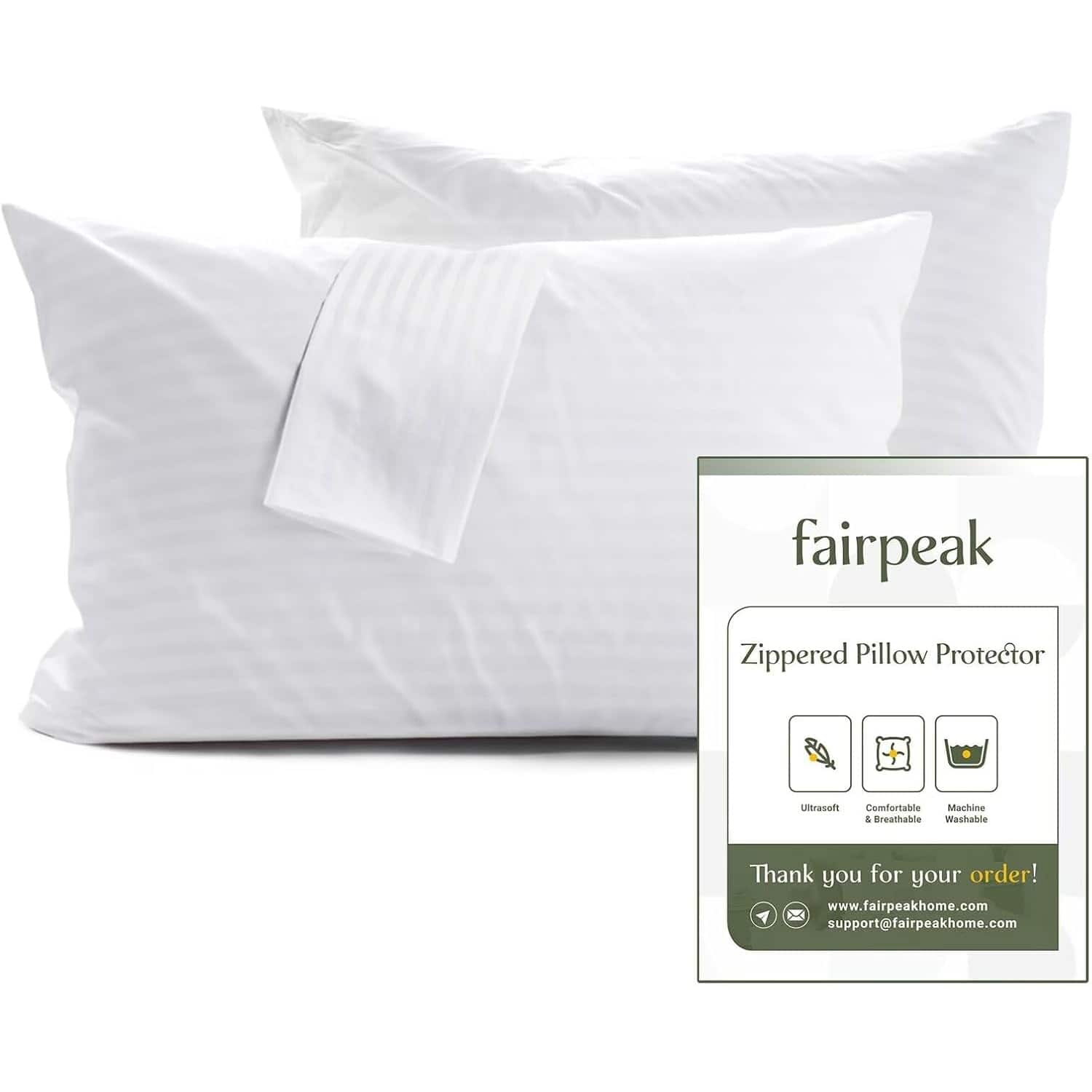Fairpeak - Pillow Protectors with Zipper, Soft Breathable Hotel Quality, Machine Washable, Standard, 2 Pack - White