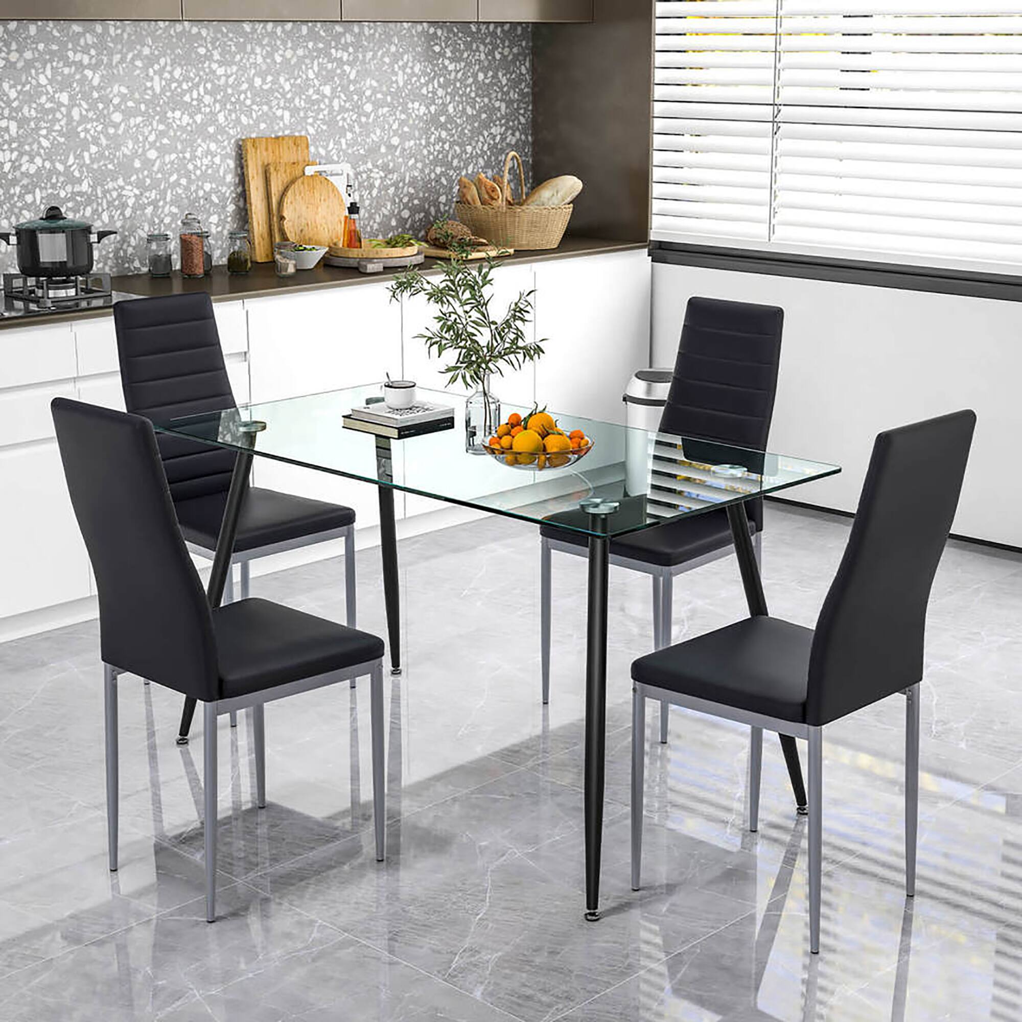 Alt View 1. Gymax - Gymax 5 PCS 51'' Rectangle Dining Set 0.3'' Thick Glass Table w/ 4 Padded Dining Chairs - Silver, Black.