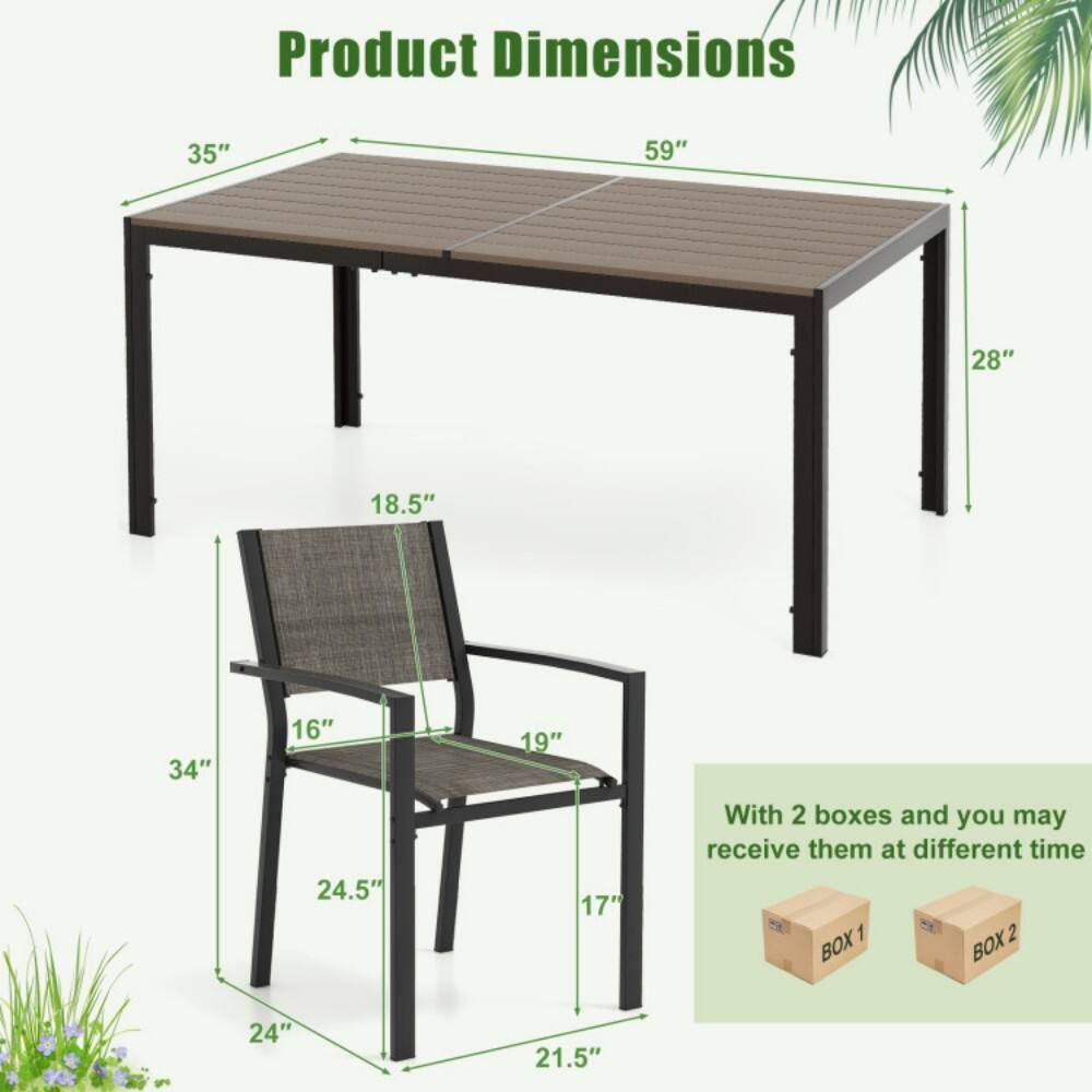 Product Dimensions:  
- Table: 35" x 59" x 28"  
- Chair: 34" x 18.5" x 24.5"  

With 2 boxes and you may receive them at different time  
BOX 1  
BOX 2