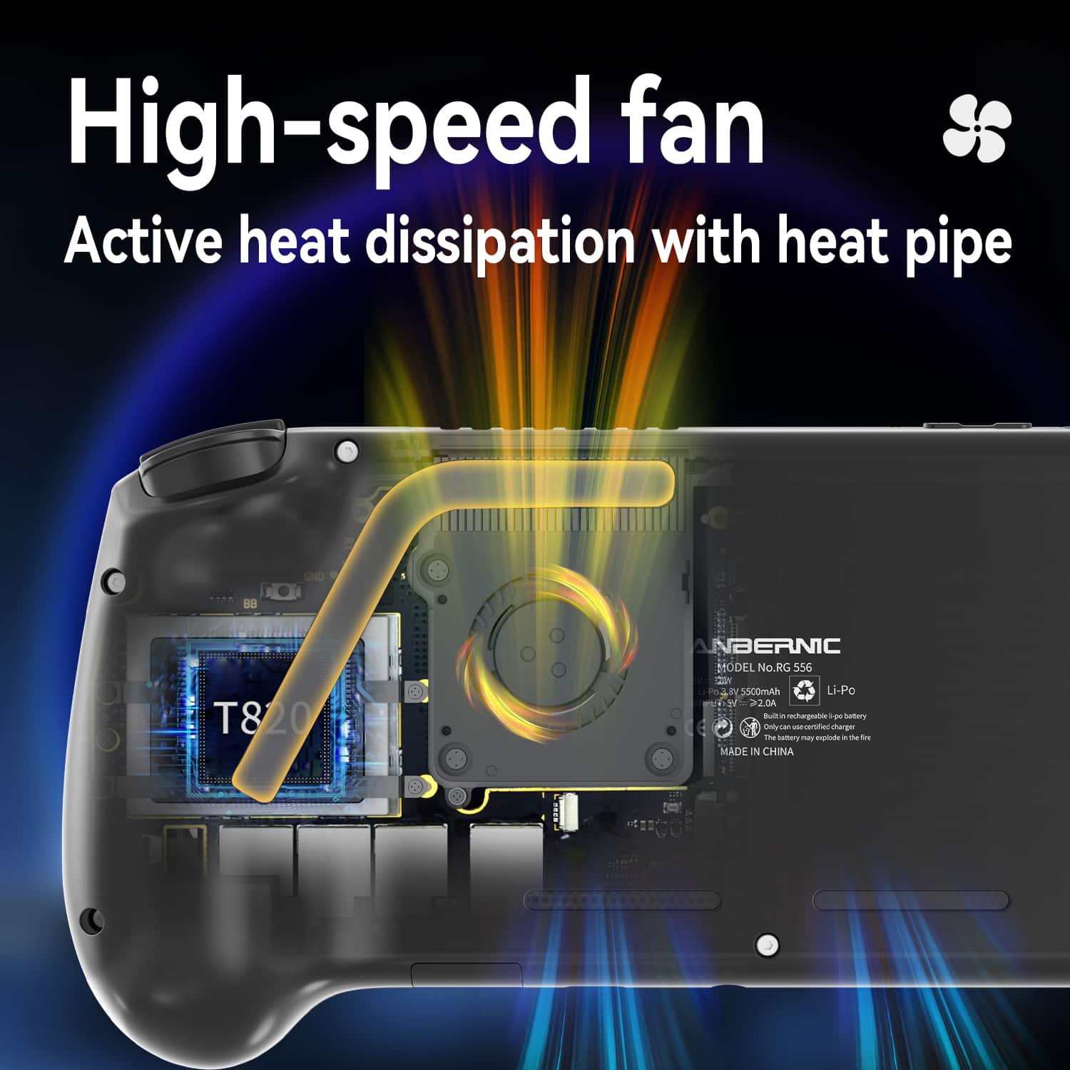 High-speed fan Active heat dissipation with heat pipe ANBERNIC MODEL No. RG 556 d 5500mAh Li-Po battery Vote - deagatbe - namers Daily nan ucered sharger TM utury - mplode a dr MADE IN CHINA