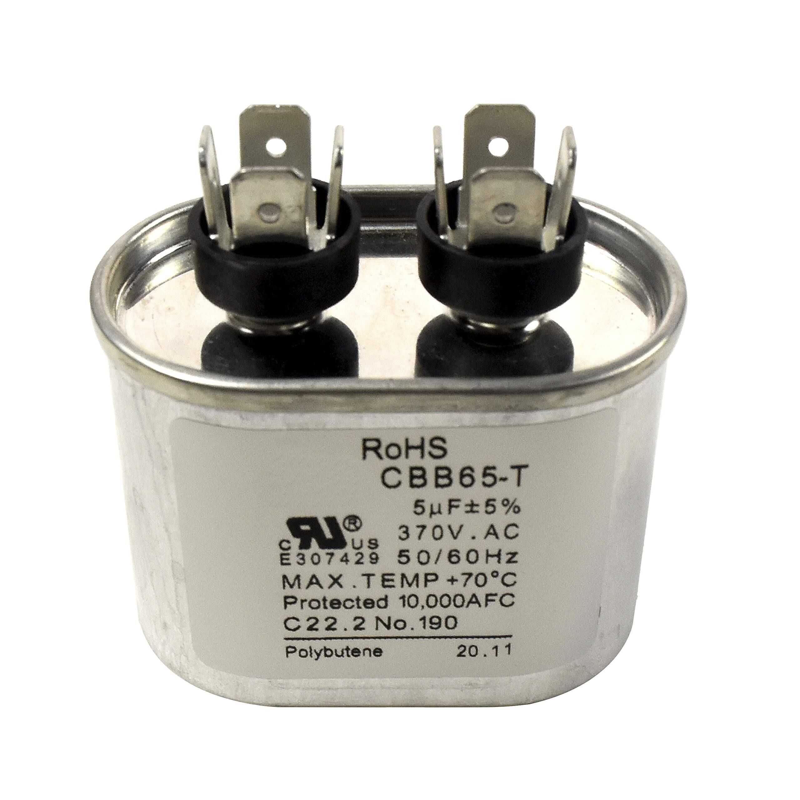 RoHS CBB65-T  
5µF ±5%  
370V AC  
50/60Hz  
MAX TEMP +70°C  
Protected 10,000AFC  
C22.2 No. 190  
Polybutene  
E307429  
20.11