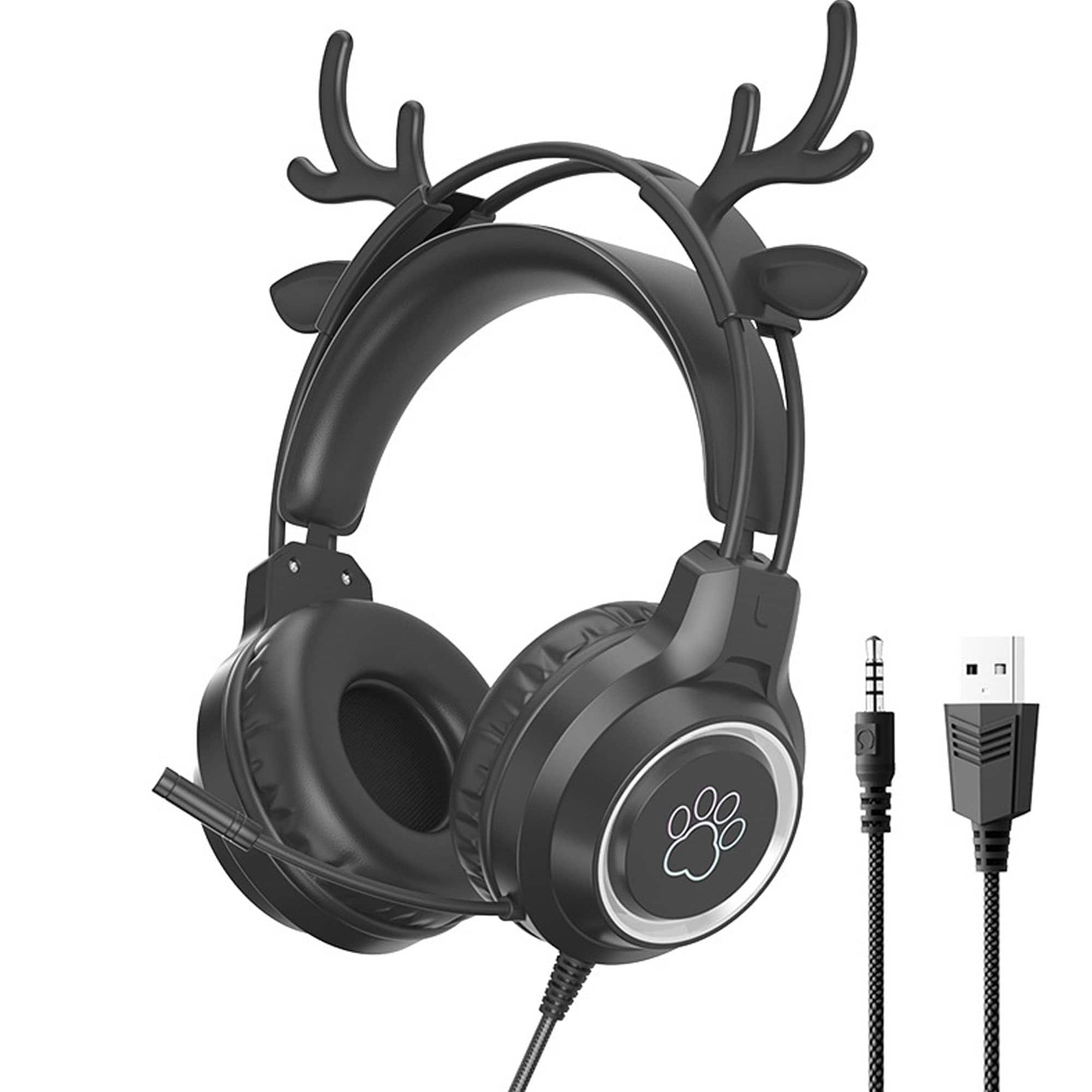 YONWAY - Gaming Headset with Removable Deer Ears, 3.5mm Wired Headphones with Adjustable Microphone and RGB Light for PS4/Switch