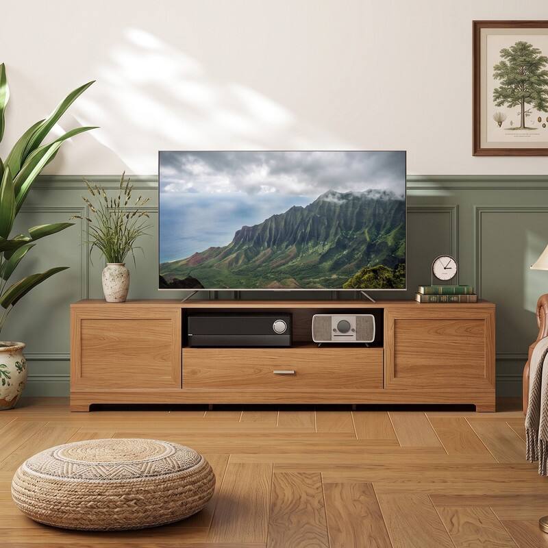 Angle. WELLFOR - Modern TV Stand for TVs up to 80" with 2 Door& Drawer, Wood Entertainment Center for Living Room - Natural.