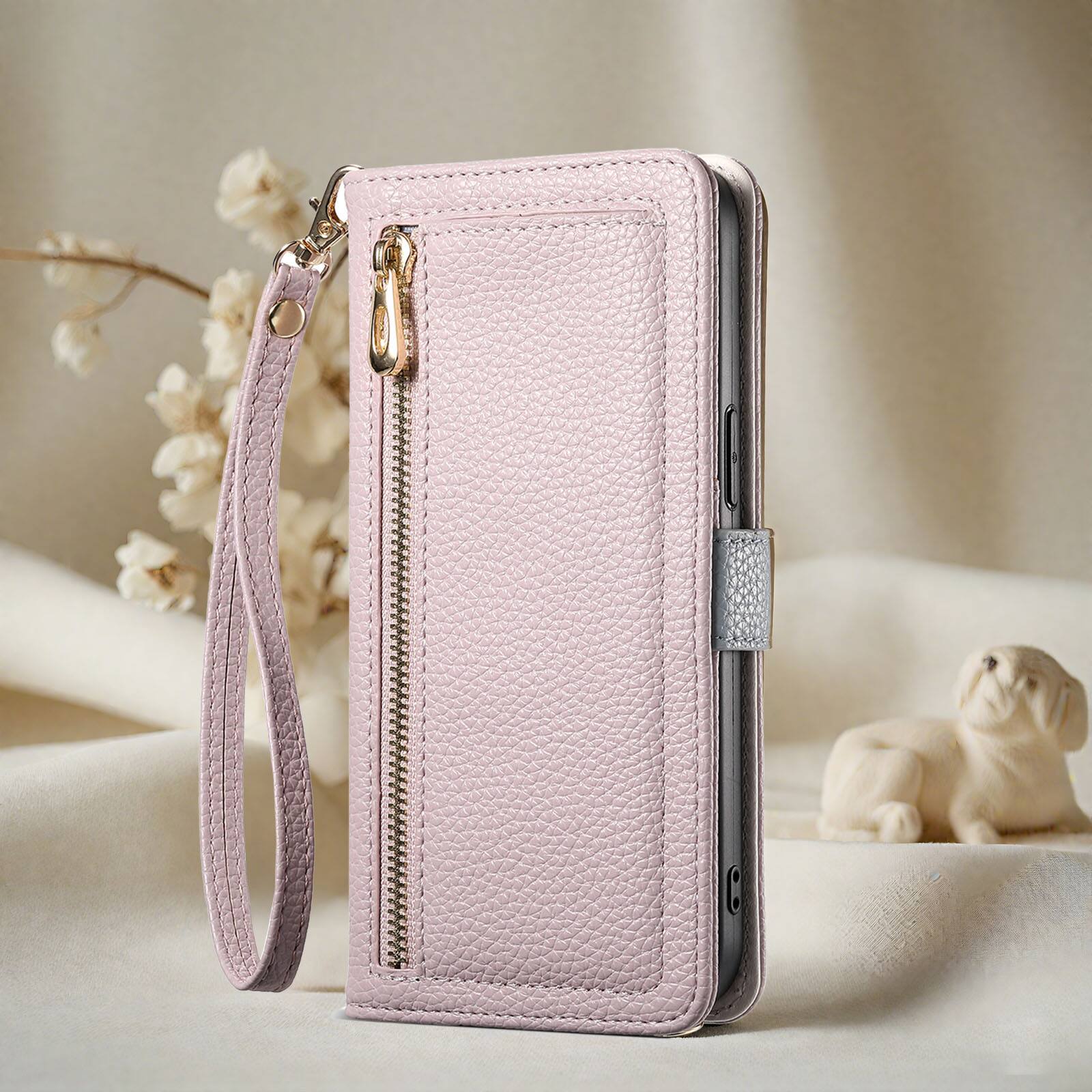Angle. Dteck - Wallet Case for Samsung Galaxy S26+ with Crossbody Strap and Wristlet, PU Leather Zipper Purse Kickstand Cover - Purple.