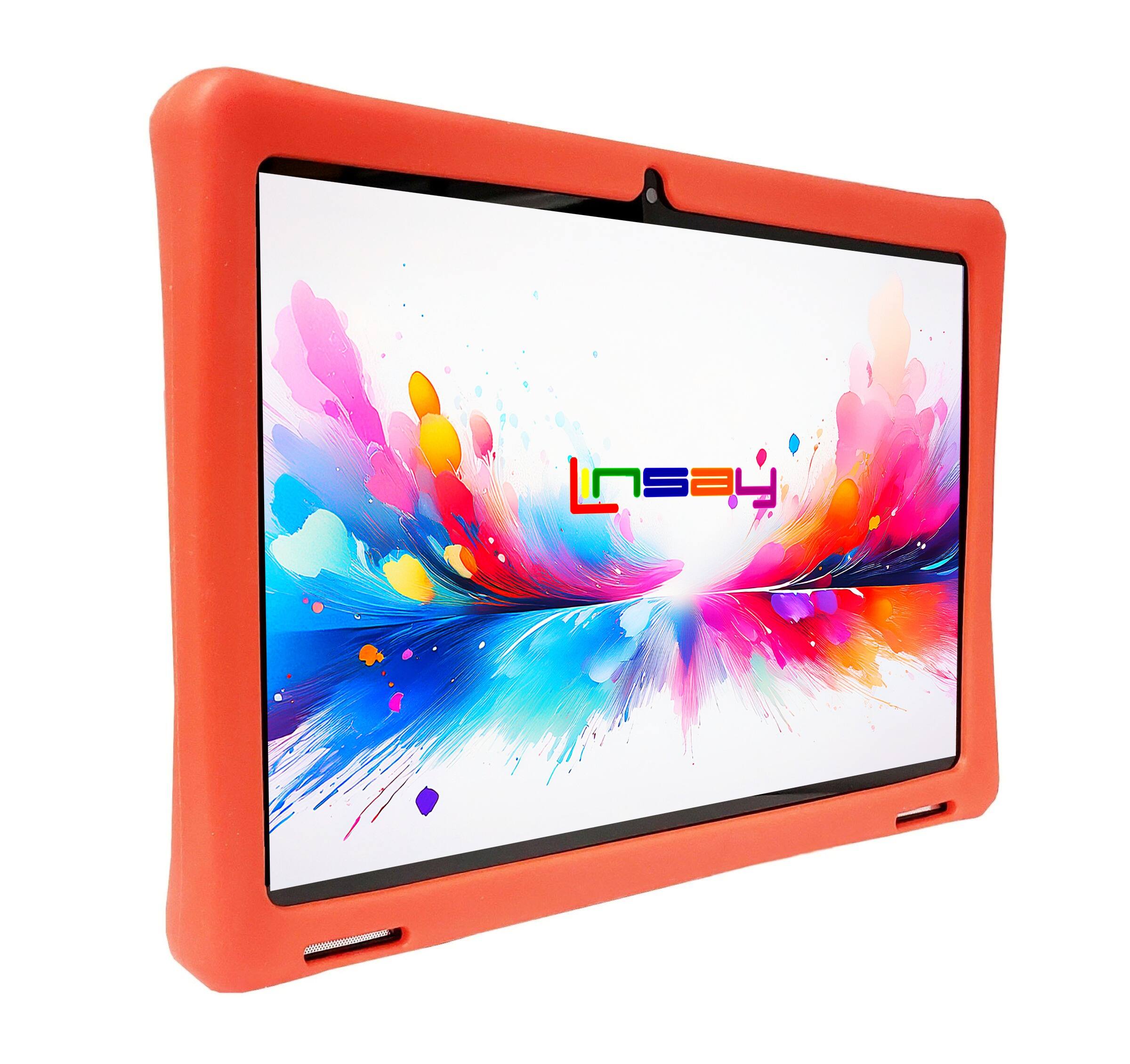 Left. LINSAY - 10.1"Octa Core 256GB Storage Android 15 Tablet with Red Kids Defender Case and LED Backpack Orange - Orange.
