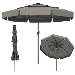 Gymax - 10 FT Solar Patio Umbrella w/ 32 LED Lights 3-Tier Vented Top & Tilt Adjustment - Gray
