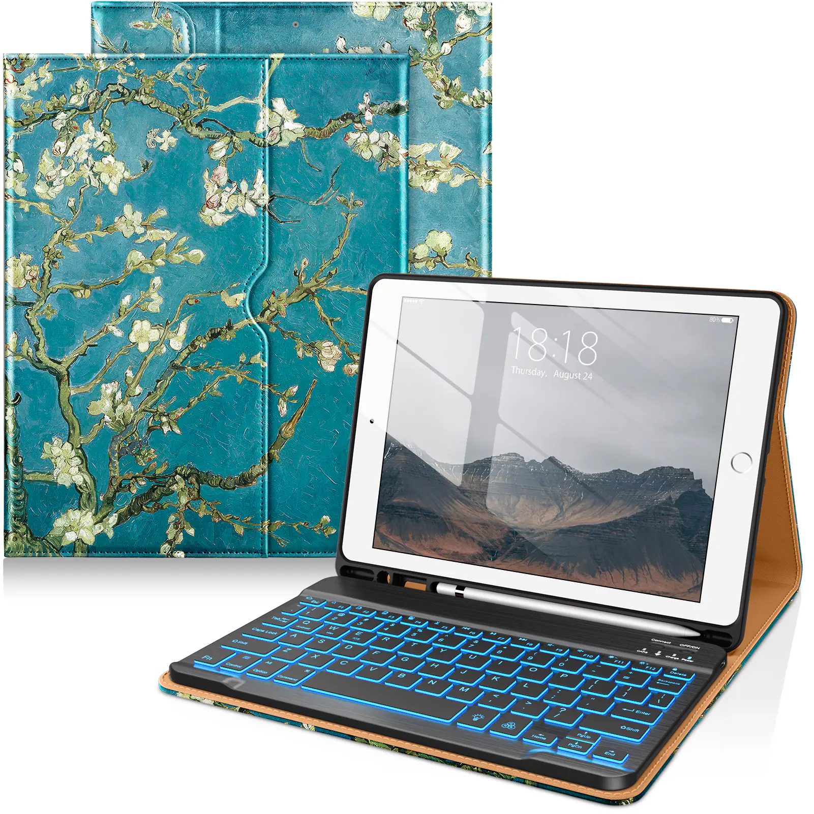 DTTO - Case for iPad 10.2" (7th/8th/9th Gen) Case with Detachable Backlit Keyboard, Pencil Holder & Pocket - Blossom