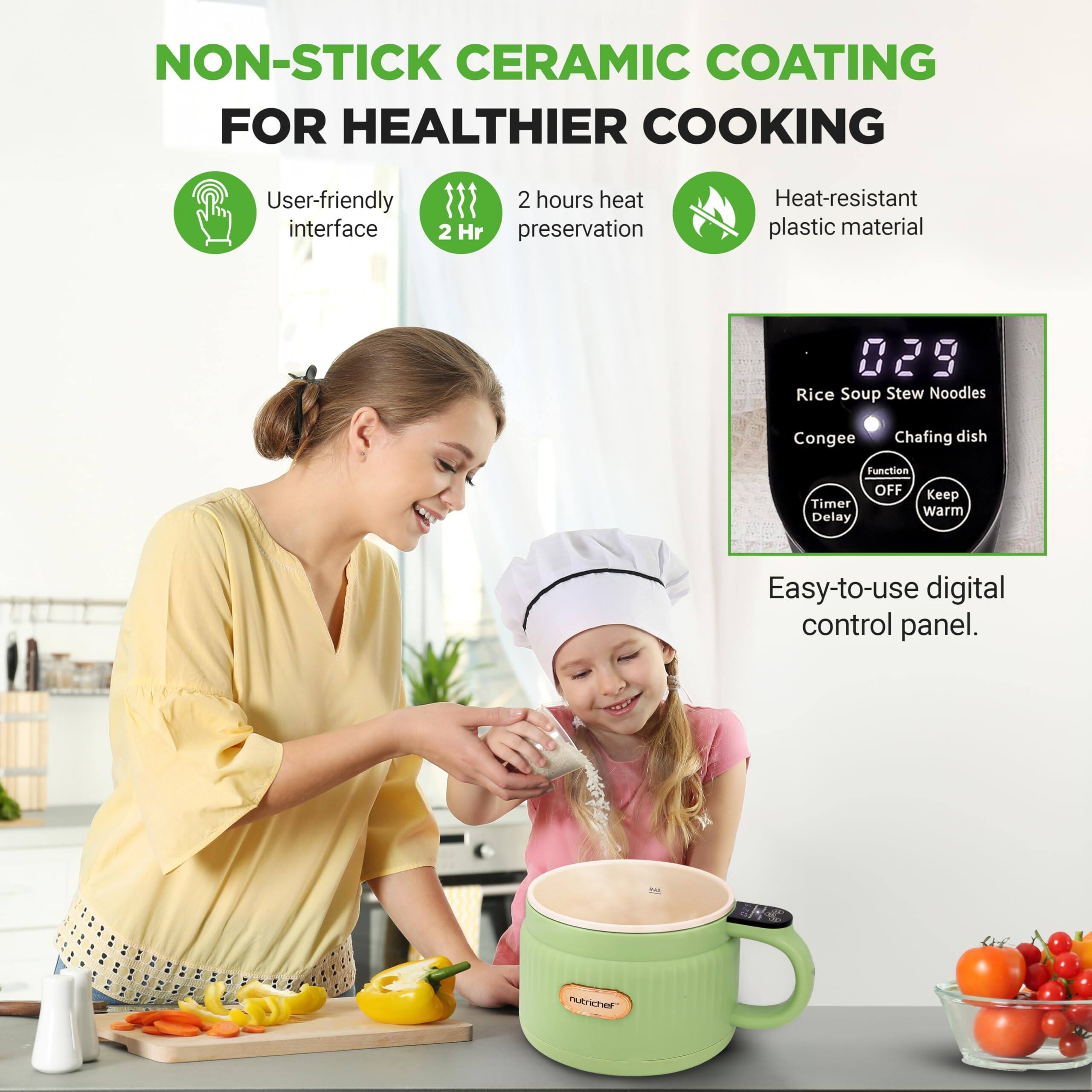 NON-STICK CERAMIC COATING FOR HEALTHIER COOKING

- User-friendly interface
- 2 hours heat preservation
- Heat-resistant plastic material

029 Rice Soup Stew Noodles Congee Chafing dish

Function OFF Keep Timer Delay

Easy-to-use digital control panel.