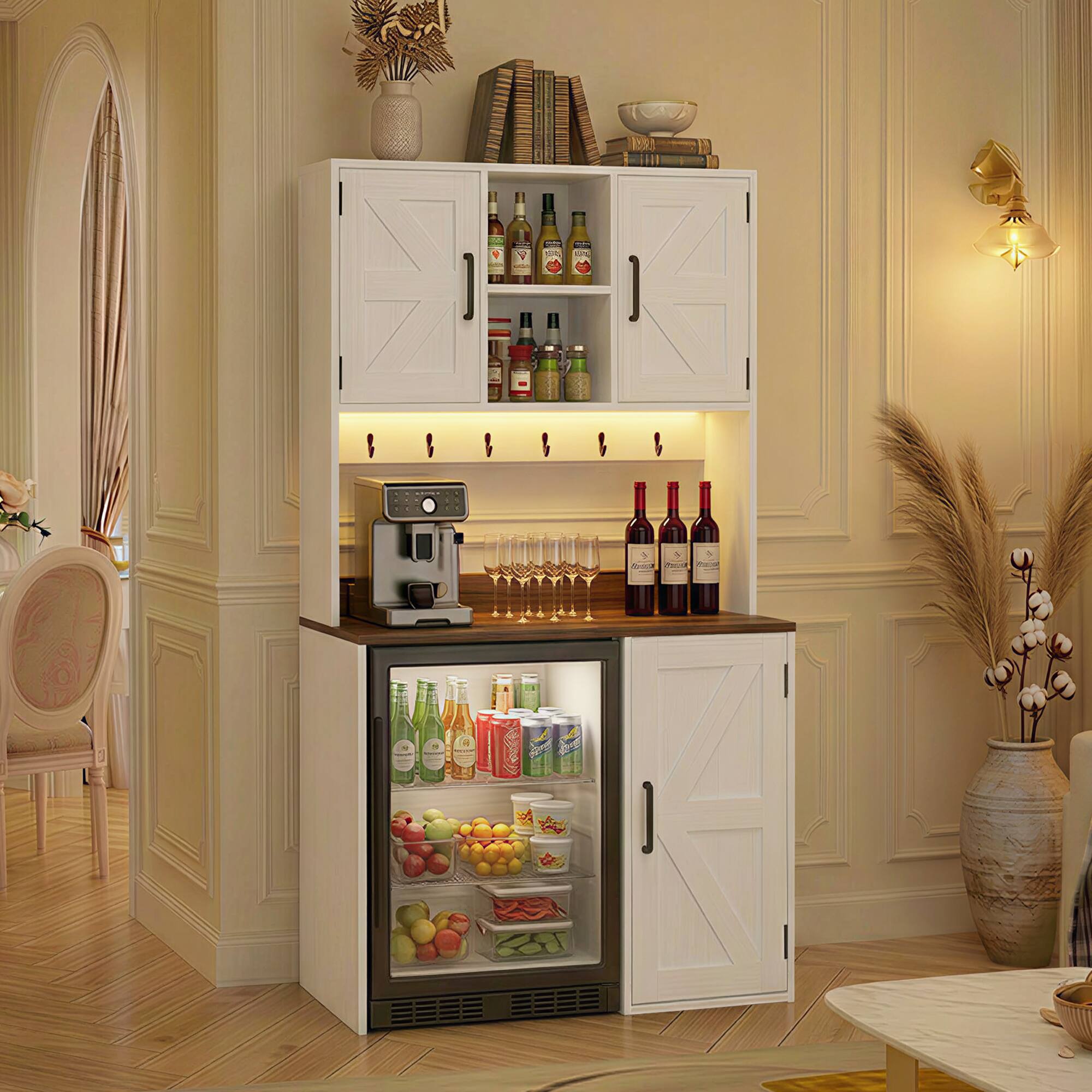 Front. Aheaplus - Mini Fridge Coffee Bar Cabinet: with Outlet & LED Lights, Microwave Shelf, Beverage Station for Kitchen Dorm Office - White.