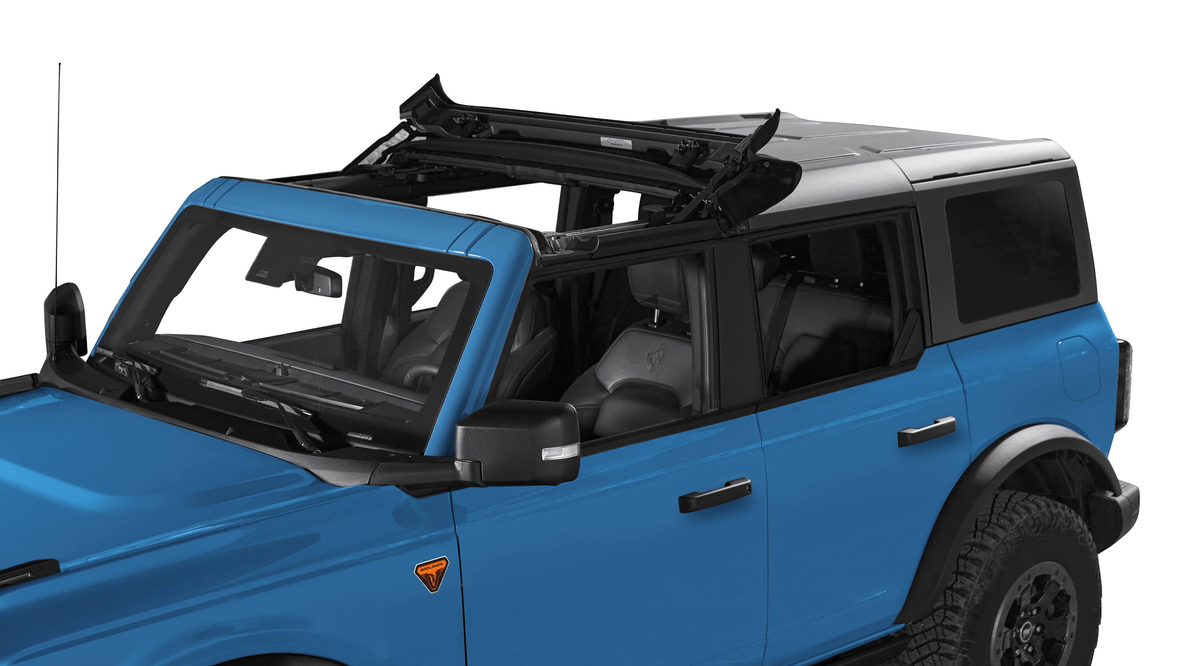 Angle. Bestop - Sunrider for Hardtop - '21-26 Bronco; Bronco Raptor;  4-Door (Premium Blk Twill) - Black.
