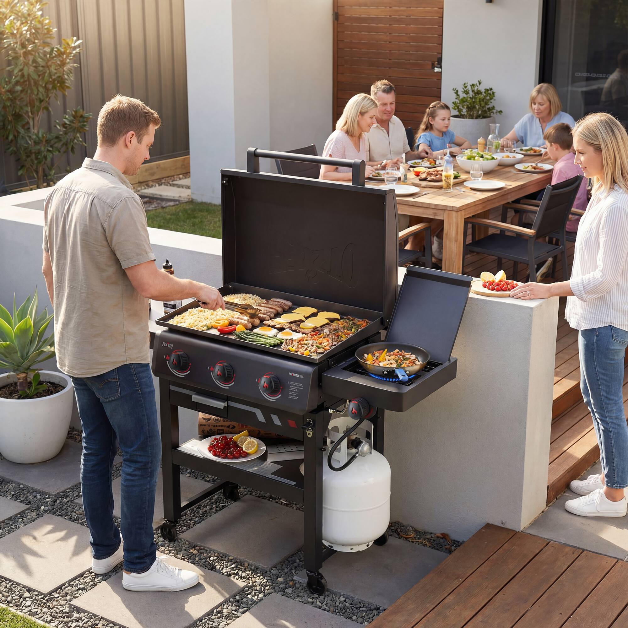 Alt View 10. FEASTO - 28-Inch 3-Burner Propane Gas Griddle with 13,000 BTU Side Burner and Hood - Black.