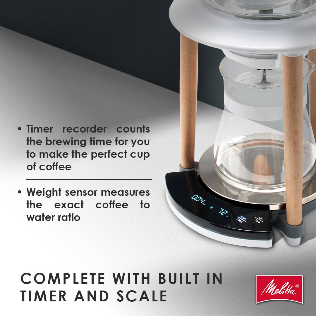 Timer recorder counts the brewing time for you to make the perfect cup of coffee. Weight sensor measures the exact coffee to water ratio. 004. 72 SiOp Mart Dr Rare COMPLETE WITH BUILT IN TIMER AND SCALE Melitta