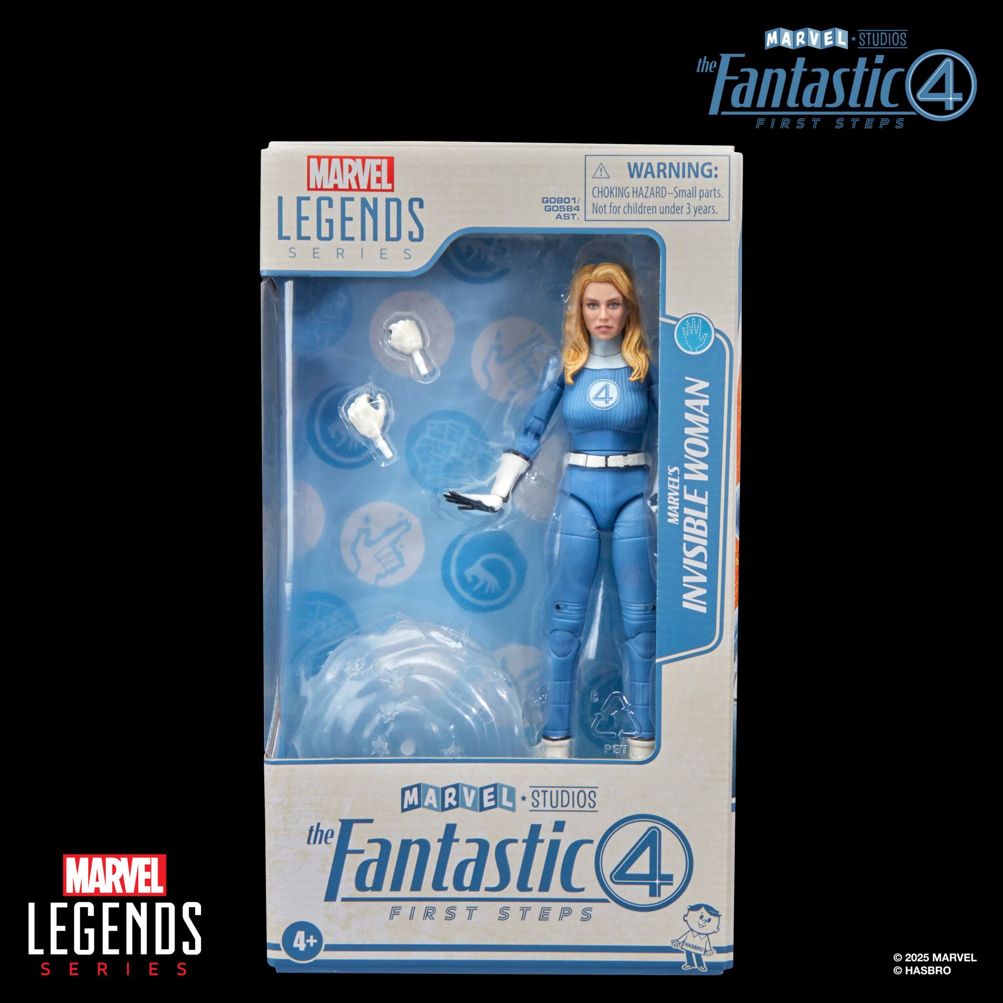 The image features a blue action figure of Marvel's Invisible Woman from the Fantastic Four. The figure is part of the Marvel Legends Series and is designed for children aged 4 and up. The packaging warns of potential choking hazards due to small parts, and the figure is not suitable for children under 3 years old. The Marvel Legends Series is a popular collectible for fans of the Marvel Cinematic Universe.