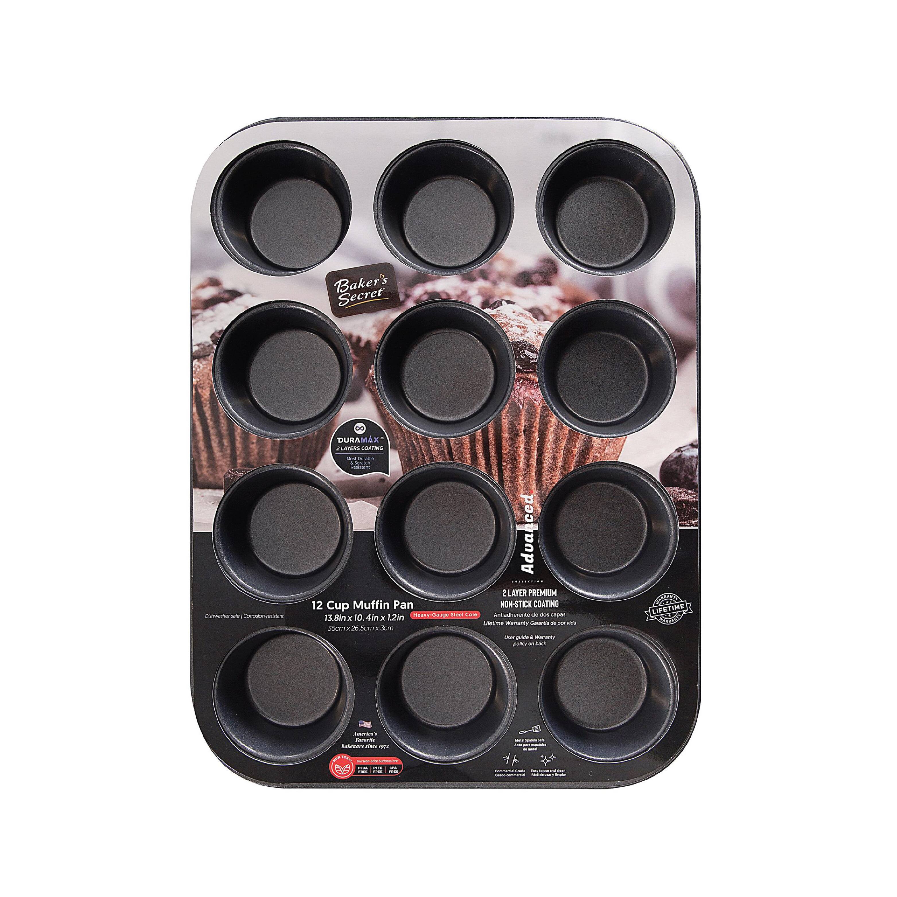 Baker's Secret  
DURAMAX  
12 Cup Muffin Pan  
13.8in x 10.4in x 1.2in  
13.8cm x 26.4cm x 3.0cm  

2 LAYER PREMIUM NON-STICK COATING  
LIFETIME WARRANTY  

12 Cup Muffin Pan  
13.8in x 10.4in x 1.2in  
13.8cm x 26.4cm x 3.0cm  

LIFETIME WARRANTY  
Lifetime Warranty against defects in materials and workmanship  

Baker's Secret  
Since 1927  
America's #1 Muffin Pan Brand  

LIFETIME WARRANTY  
Lifetime Warranty against defects in materials and workmanship  

12 Cup Muffin Pan  
13.8in x 10.4in x 1.2in  
13.8cm x 26.4cm x 3.0cm  

LIFETIME WARRANTY  
Lifetime Warranty against defects in materials and workmanship  

Baker's Secret  
Since 1927  
America's #1 Muffin Pan Brand  

LIFETIME WARRANTY  
Lifetime Warranty against defects in materials and workmanship  

12 Cup Muffin Pan  
13.8in x 10.4in x 1.2in  
13.8cm x 26.4cm x 3.0cm  

LIFETIME WARRANTY  
Lifetime Warranty against defects in materials and workmanship  

Baker's Secret  
Since 1927  
America's #1 Muffin Pan Brand  

LIFETIME WARRANTY  
Lifetime Warranty against defects in materials and workmanship  

12 Cup Muffin Pan  
13.8in x 10.4in x 1.2in  
13.8cm x 26.4cm x 3.0cm  

LIFETIME WARRANTY  
Lifetime Warranty against defects in materials and workmanship  

Baker's Secret  
Since 1927  
America's #1 Muffin Pan Brand  

LIFETIME WARRANTY  
Lifetime Warranty against defects in materials and workmanship  

12 Cup Muffin Pan  
13.8in x 10.4in x 1.2in  
13.8cm x 26.4cm x 3.0cm  

L