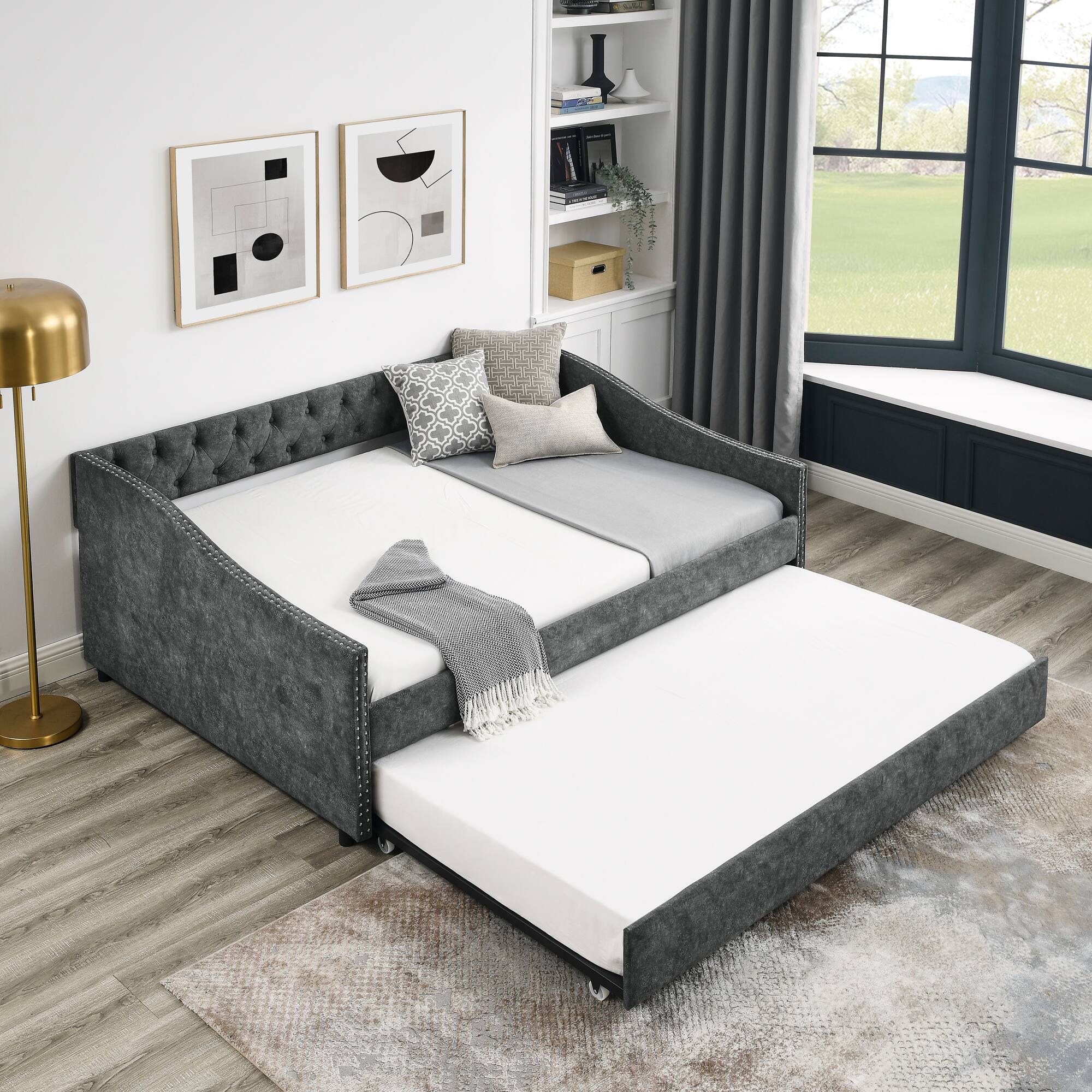 Alt View 1. Tiramisubest - Full Size Daybed with Twin Size Trundle Upholstered Tufted Sofa Bed, ,Grey (80.5"x55.5"x27.5") - Grey.