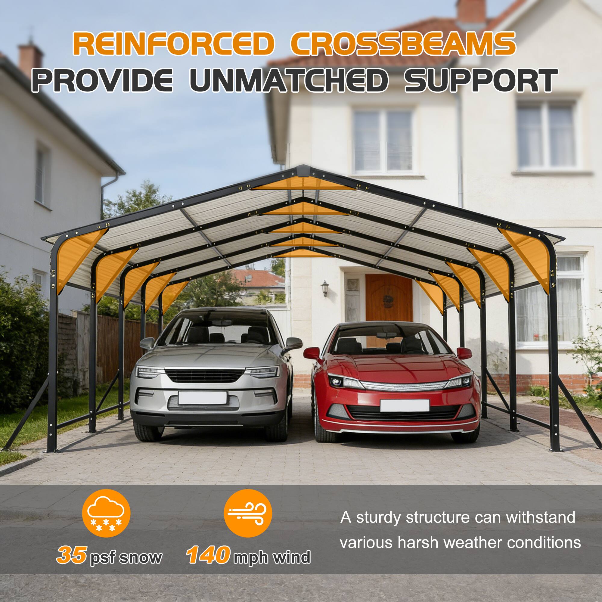 REINFORCED CROSSBEAMS PROVIDE UNMATCHED SUPPORT

35 psf snow  
140 mph wind

A sturdy structure can withstand various harsh weather conditions