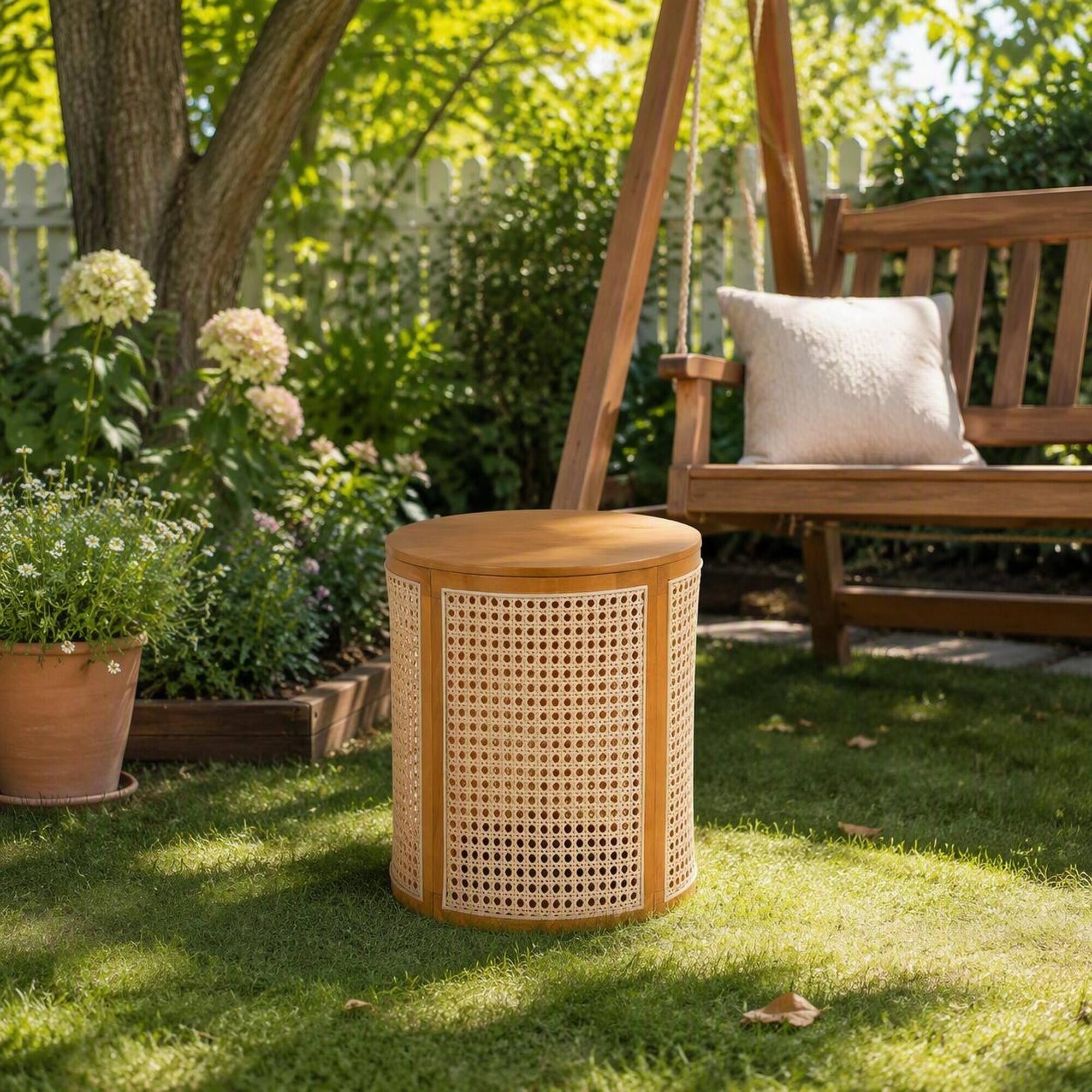 Alt View 2. RYHNUYNE - 15.7" Round Accent Table with Woven Rattan Sides,Compact Nightstand for Garden Deck Balcony - Ochre.