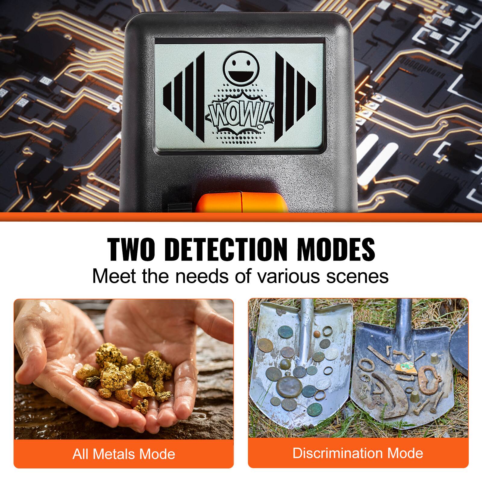 112 WOW!  
TWO DETECTION MODES  
Meet the needs of various scenes  

All Metals Mode  
Discrimination Mode