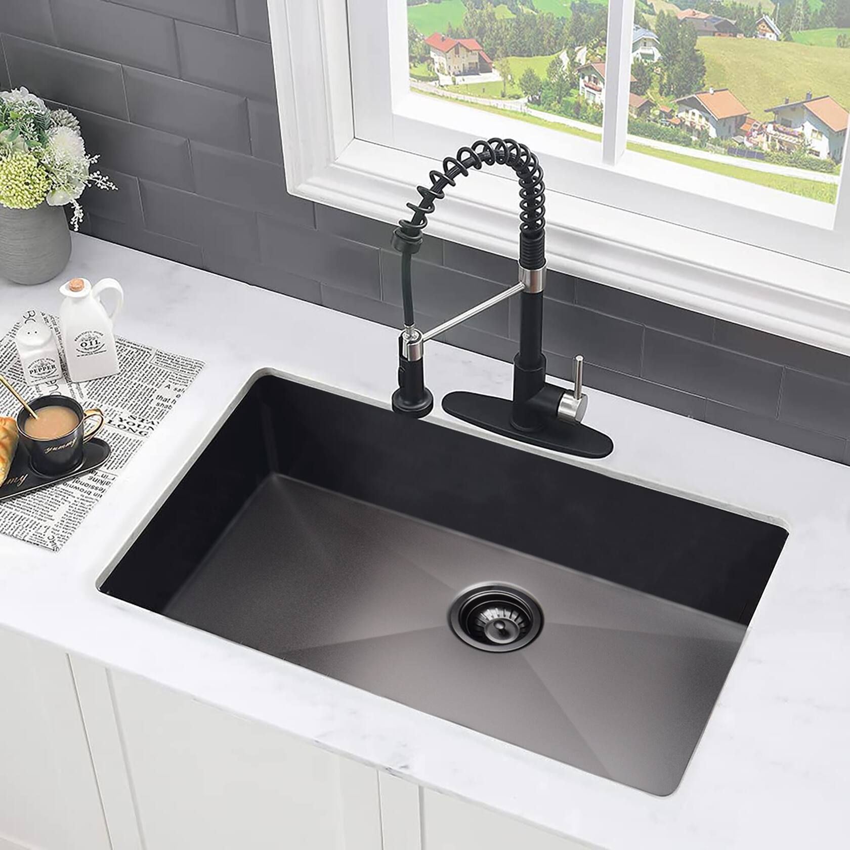 Alt View 2. Siljoy - 30" L X 18" W Undermount Kitchen Sink With Sink Grid - Gunmetal Black.