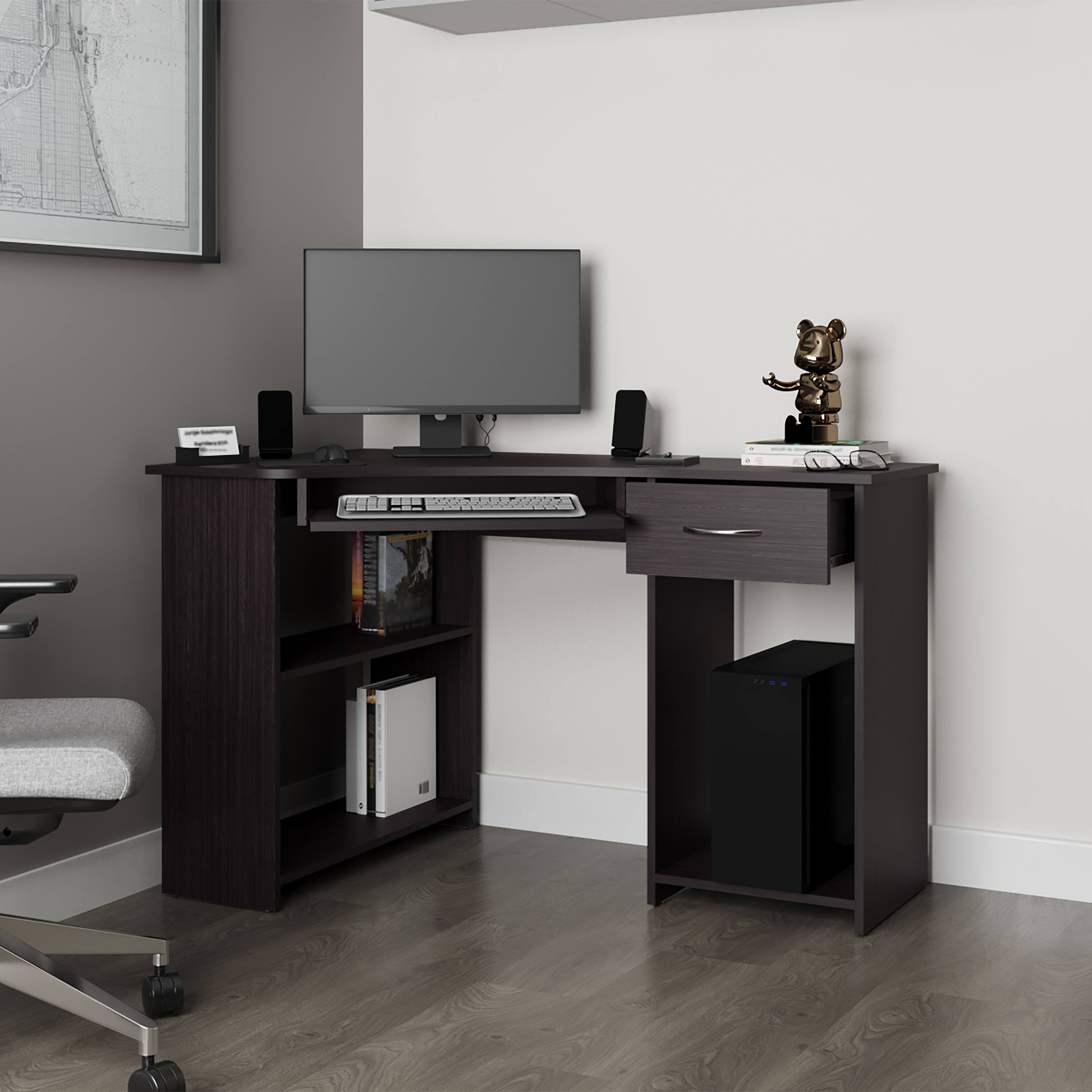 Angle. Tiramisubest - Corner Computer Desk, L-Shaped Home Office Desk with Drawer, Shelves, and CPU Space, Wenge - Wenge.