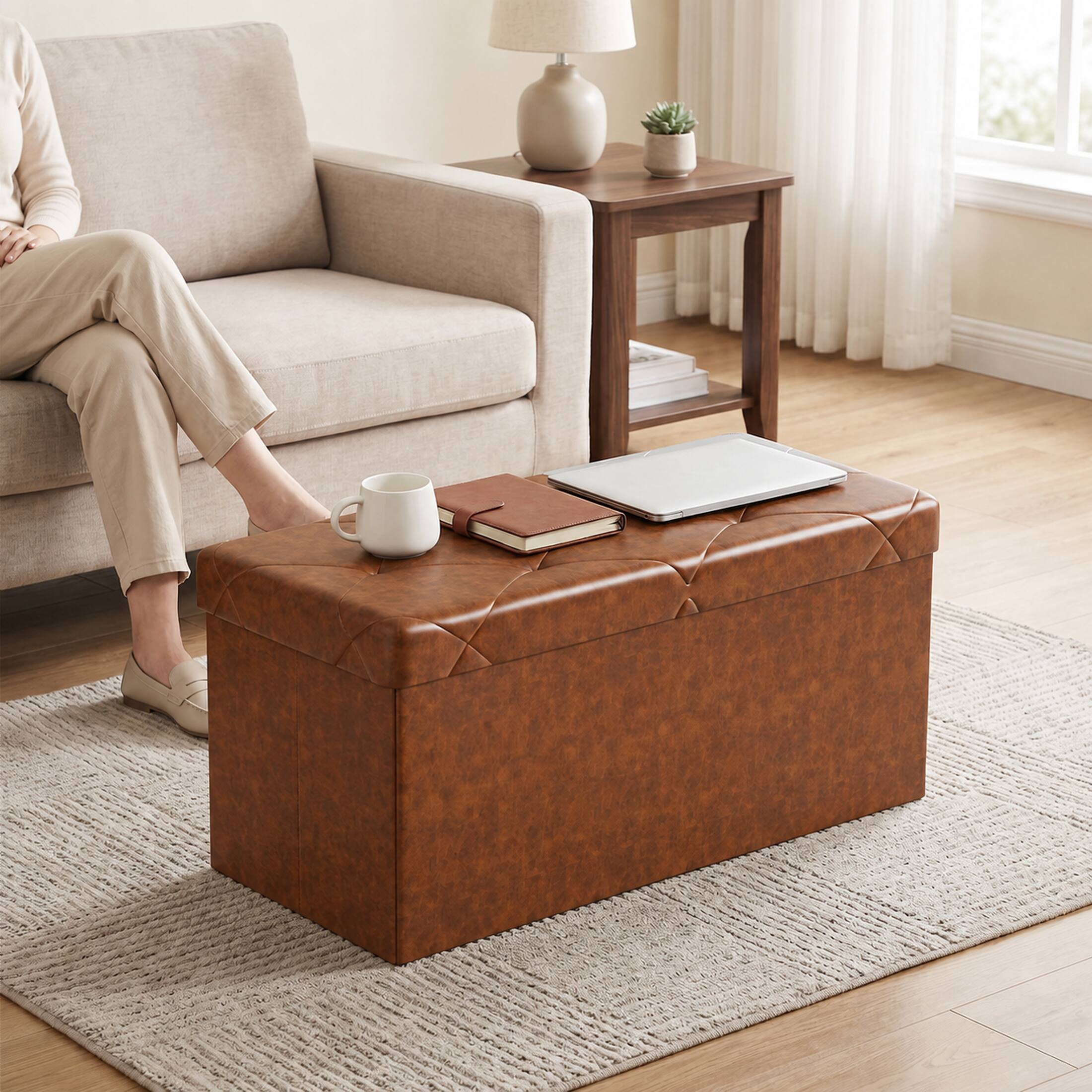 Back. Sweetcrispy - 30-in Foldable Storage Bench, Bedside Ottoman with Storage and Cushioned Seat, Faux Leather Foot Rest Stool - Brown.