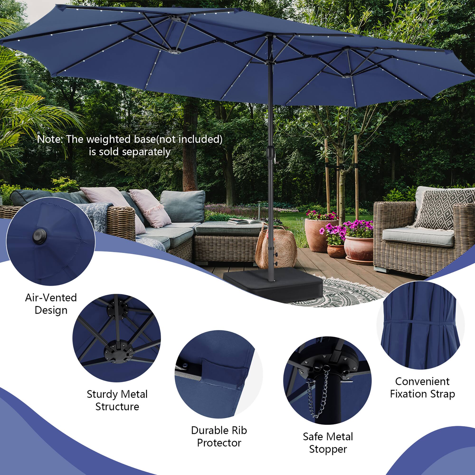 Note: The weighted base (not included) is sold separately

- Air-Vented Design
- Sturdy Metal Structure
- Durable Rib Protector
- Safe Metal Stopper
- Convenient Fixation Strap