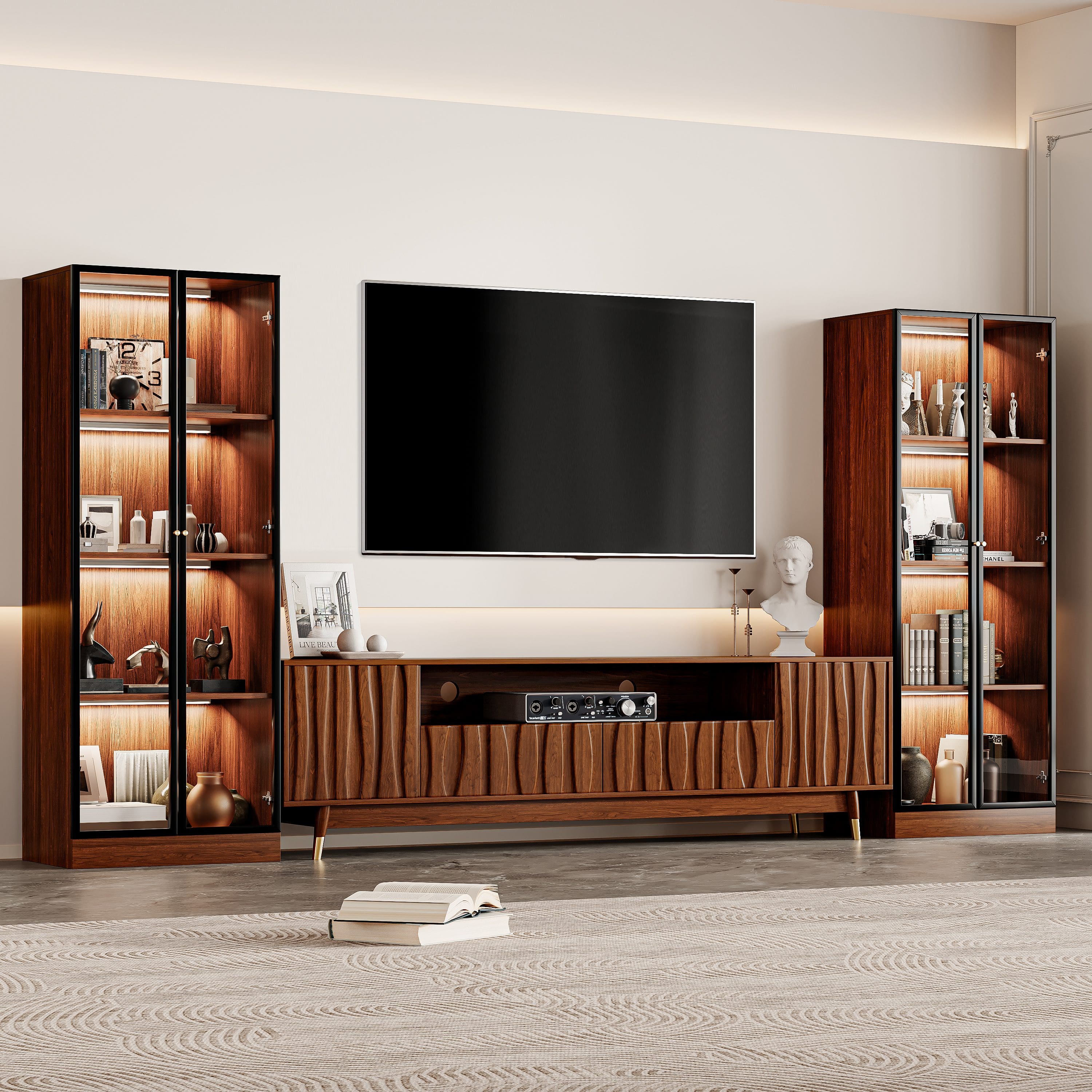 MSOOB - 125.9''W Walnut Furniture Set Includes A TV Stand and Two Glass Display, For TVs up to 85'', For Display and Collection - Brown