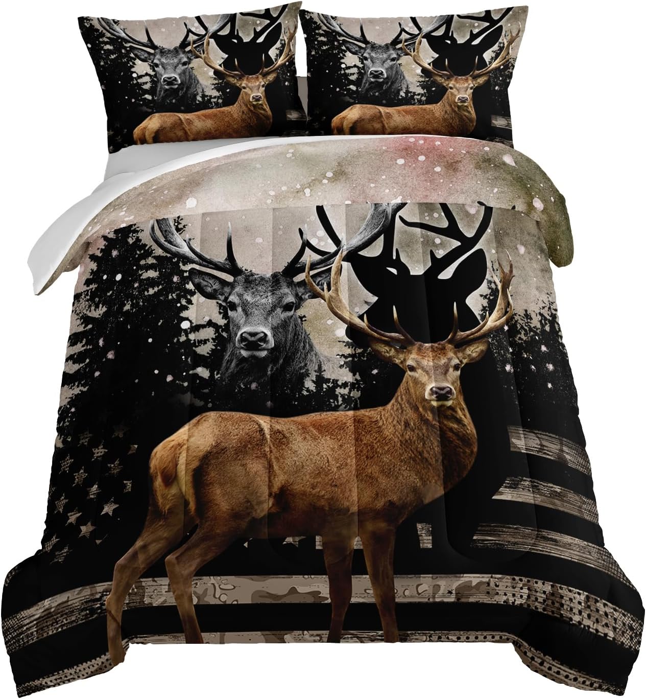Wikistore - Snowy Forest Deer Comforter Set Full Size Camo American Flag Hunting Bedding with 2 Pillowcases - As Picture