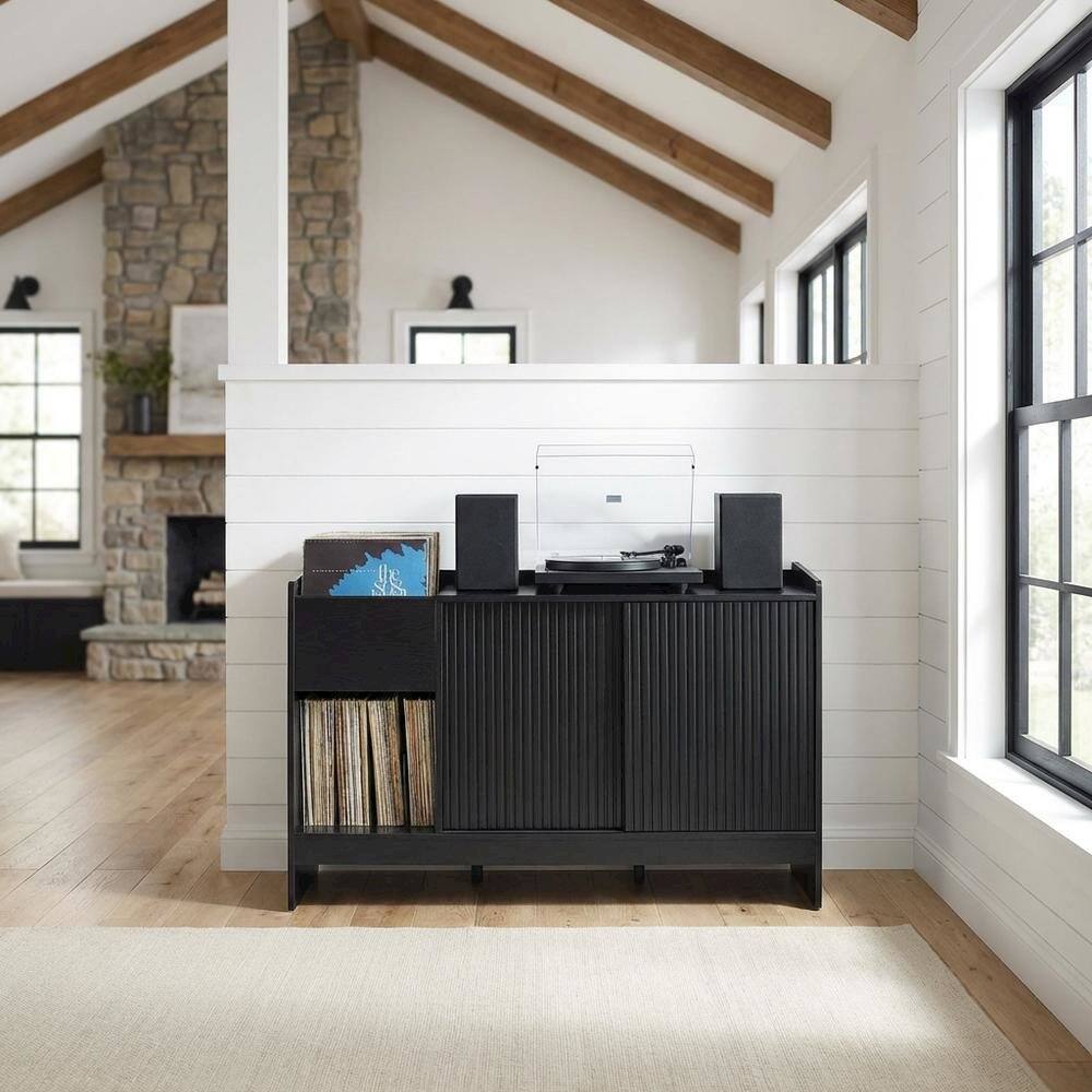 Alt View 4. FurniFact - Solid Wood Record Player Cabinet with Vinyl Storage for Entertainment Centers - Black.