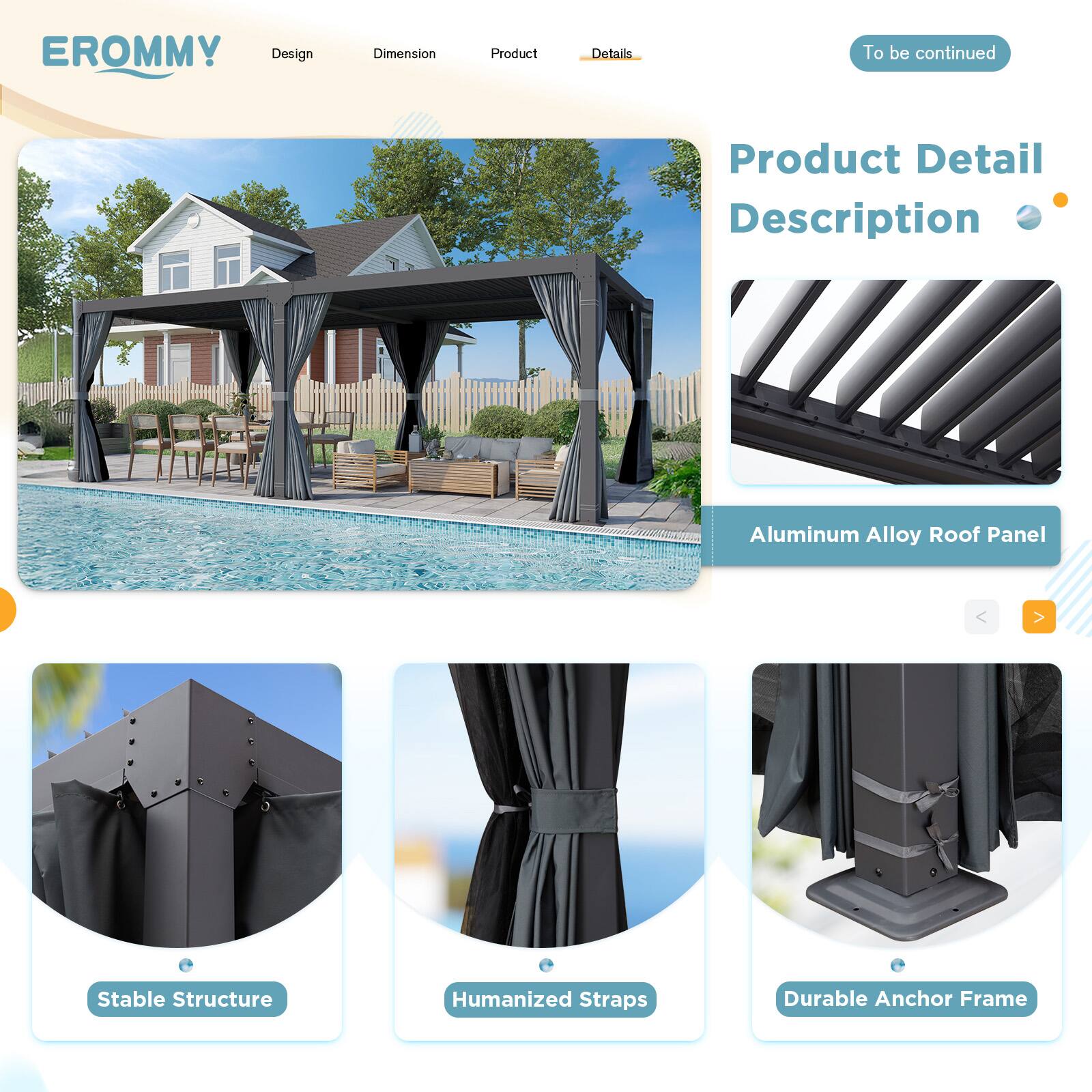 EROMMY

Design | Dimension | Product | Details

To be continued

Product Detail Description

- Aluminum Alloy Roof Panel
- Stable Structure
- Humanized Straps
- Durable Anchor Frame
