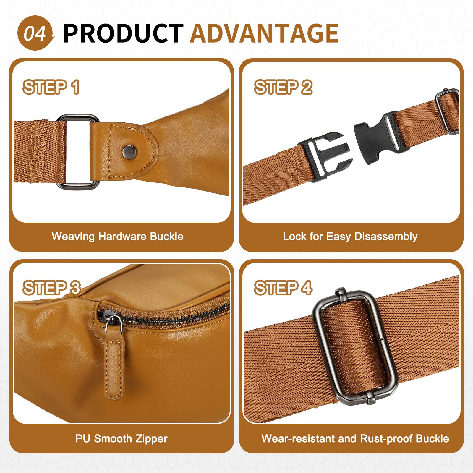 04 PRODUCT ADVANTAGE

STEP 1  
Weaving Hardware Buckle

STEP 2  
Lock for Easy Disassembly

STEP 3  
PU Smooth Zipper

STEP 4  
Wear-resistant and Rust-proof Buckle