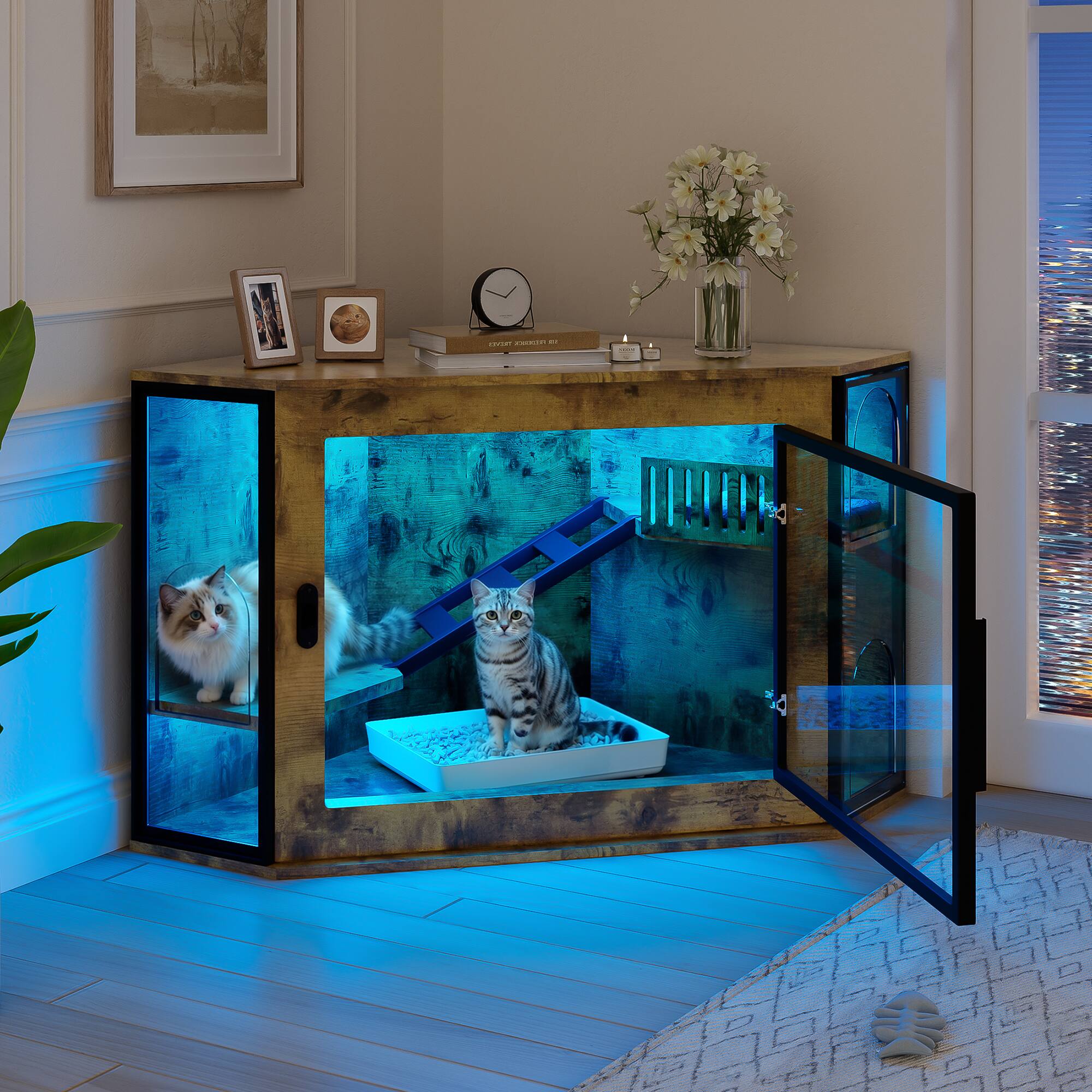 Angle. Whisen - Corner Cat Litter Box Enclosure, Hidden Cat Furniture Cabinet with Acrylic Door, LED Light, Play Zone - Tiger.