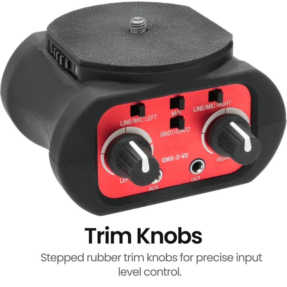 LINE/MIC RIGHT M/S LINE/MIC LEFT GND1/GND2 CMX-2-V2 RIGHT LEFT OUT AUX

Trim Knobs
Stepped rubber trim knobs for precise input level control.