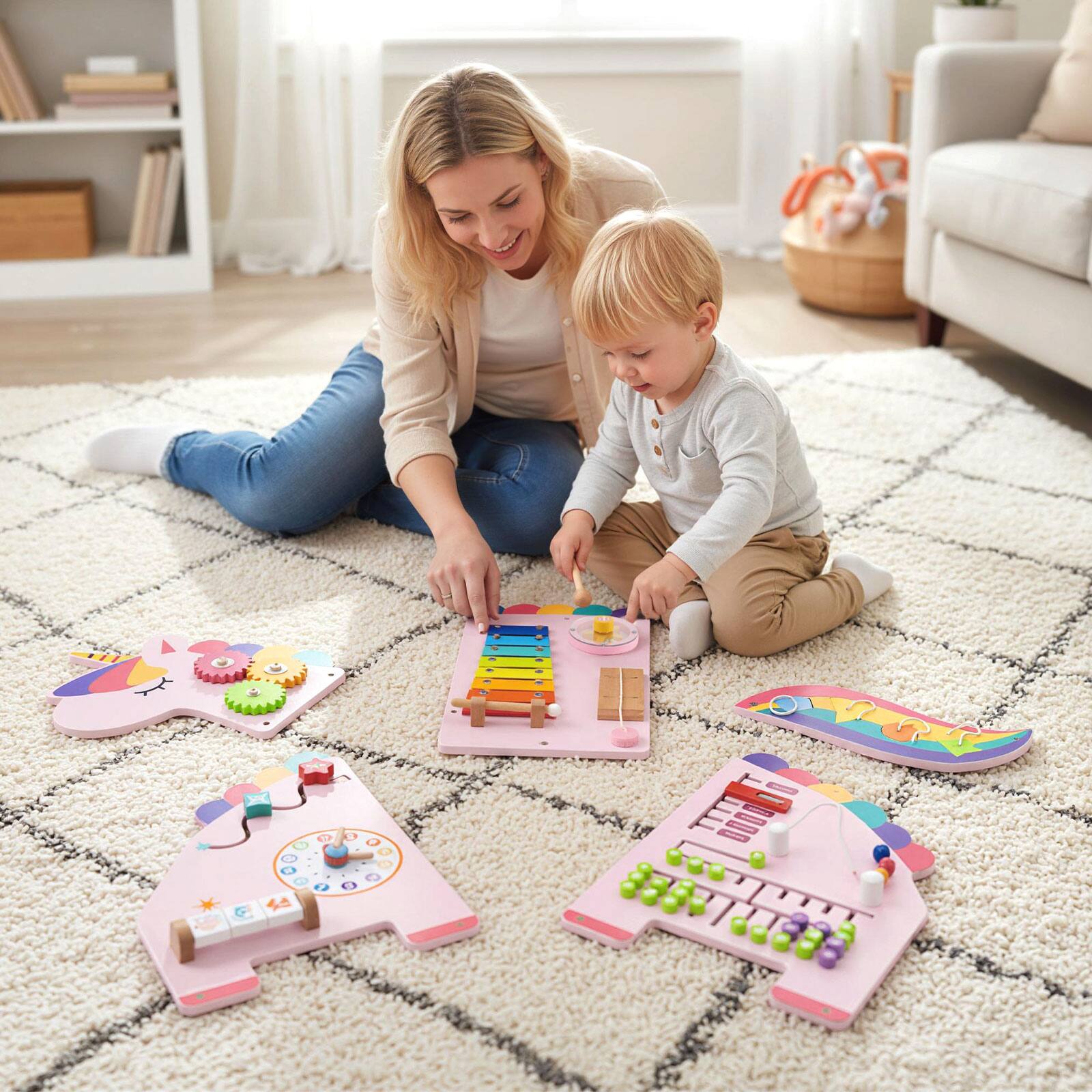 Alt View 3. Costway - Costway 11-in-1 Wall-mounted Wooden Sensory Wall Panels for Kids Early Development - Pink.