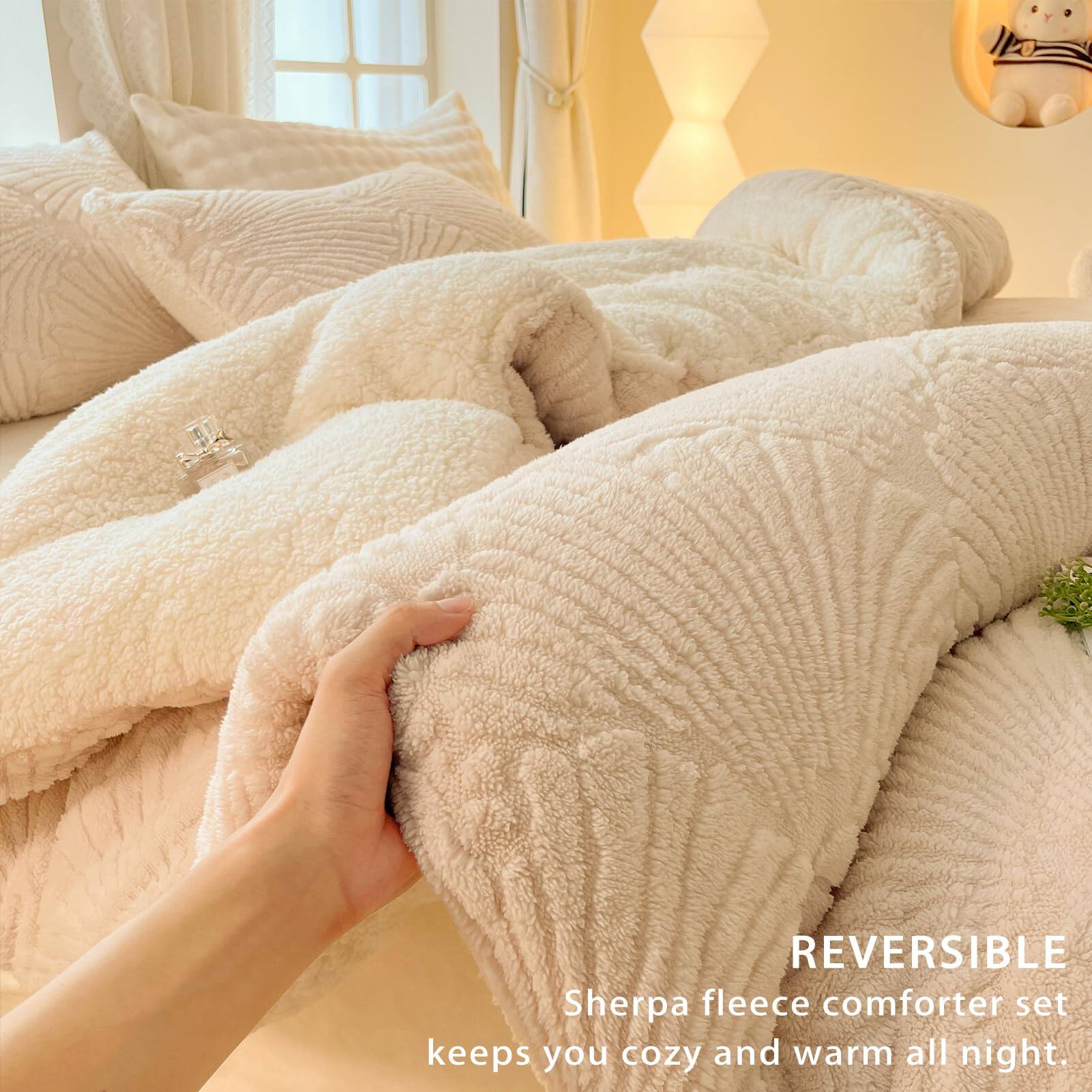 REVERSIBLE Sherpa fleece comforter set keeps you cozy and warm all night.