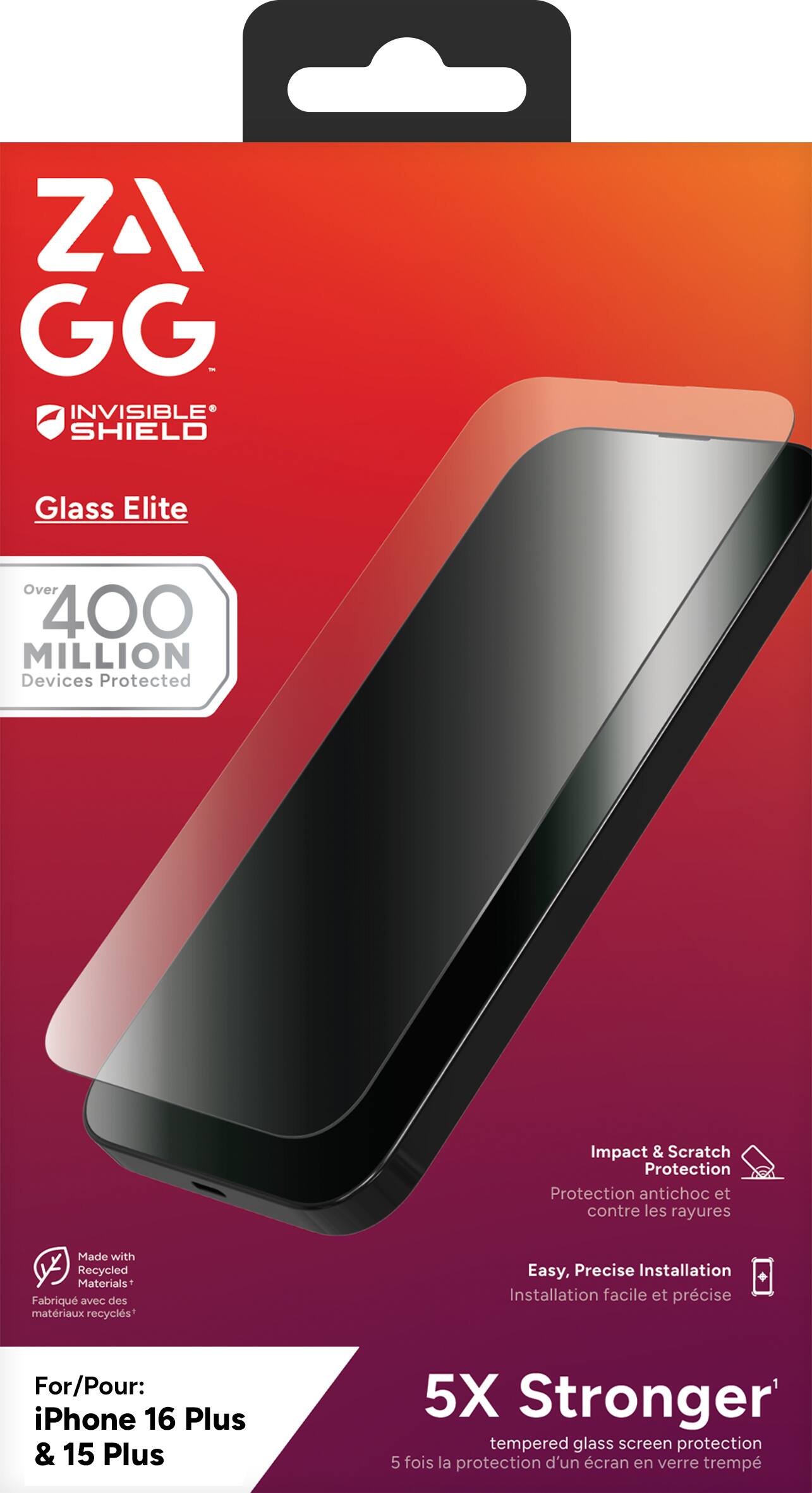 ZAGG GG Invisible Shield Glass Elite is a product that offers protection for your iPhone 16 Plus & 15 Plus. It is made with recycled materials and provides impact and scratch protection. The product is easy to install and made with tempered glass, offering 5 times the protection of a regular glass screen protector.
