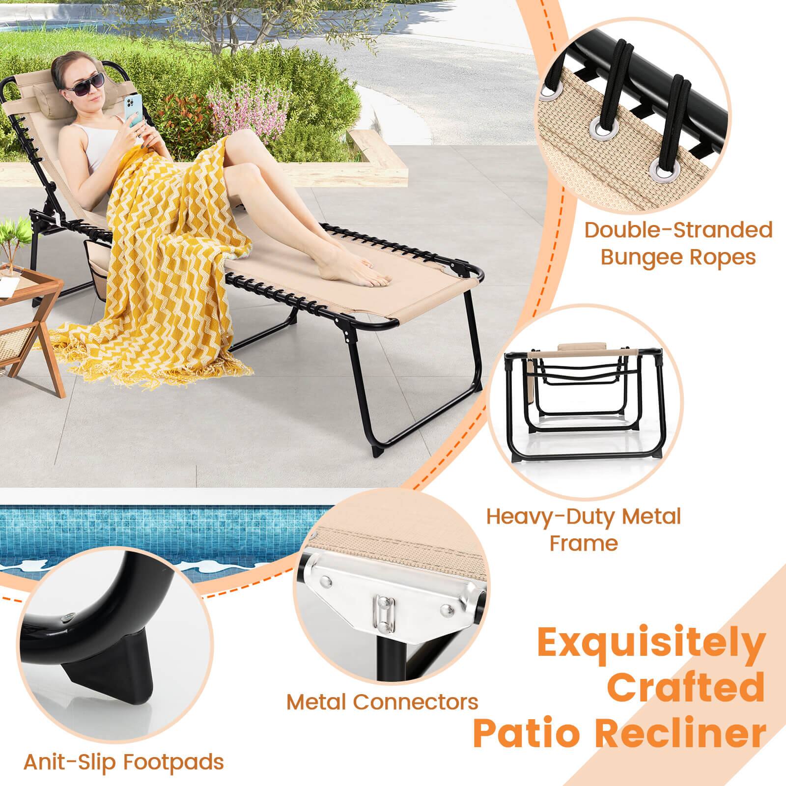 Group: Patio Recliner

Corrected text: Double-Stranded Bungee Ropes Heavy-Duty Metal Frame Anit-Slip Footpads Exquisitely Crafted Patio Recliner