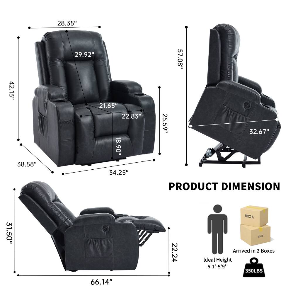 42.13" 38.58"  
28.35" 29.92" 21.65" 22.83" 18.90" 34.25"  
25.59"  
57.08"  
32.67"  
PRODUCT DIMENSION  
31.50" 66.14" 22.24  
BOX A BOX B Arrived in 2 Boxes Ideal Height 5'1"-5'9" 350LBS