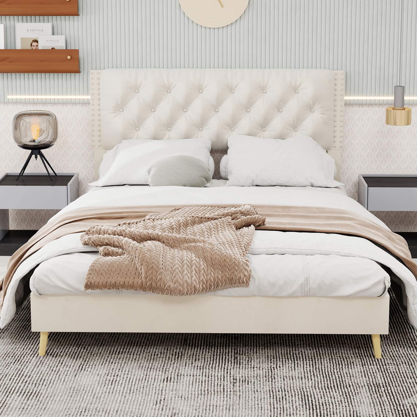 LUCKY ONE - Queen Size Velvet Upholstered Bed Frame - Beige