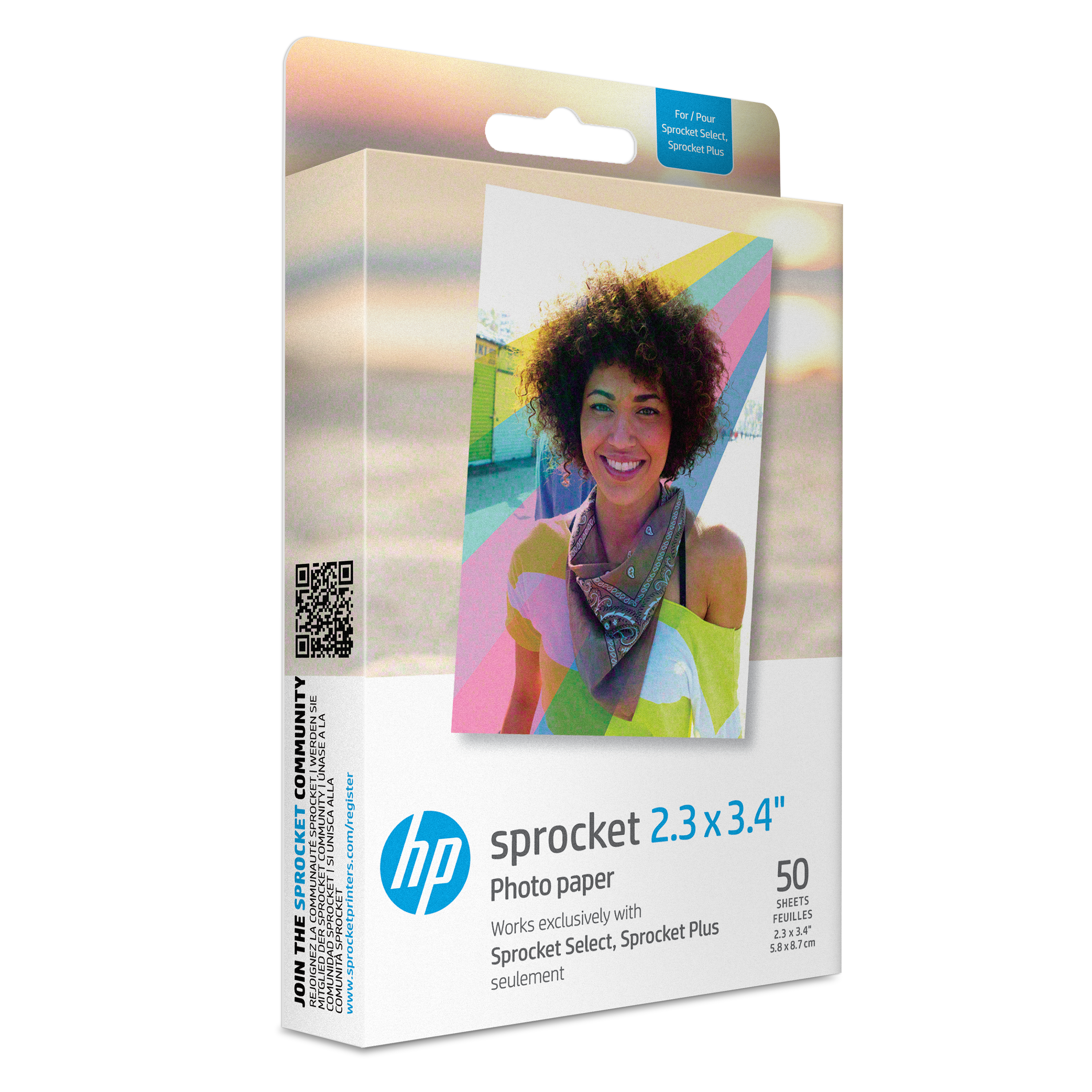 For Pour Sprocket Select, Sprocket Plus

SIE LA COMMUNITY | UNASEALA UNASE ALLA SPROCKET THE COMMUNAL JOIN REJOIGNEZ L MITGLIED DE

ROCKET
com/register www.sprocketprinters.

2.3 X 3.4" hp sprocket Photo paper 50 SHEETS exclusively with FEUILLES Works Sprocket Plus 233.4 Select, 5.8x8.7 cm Sprocket seulement