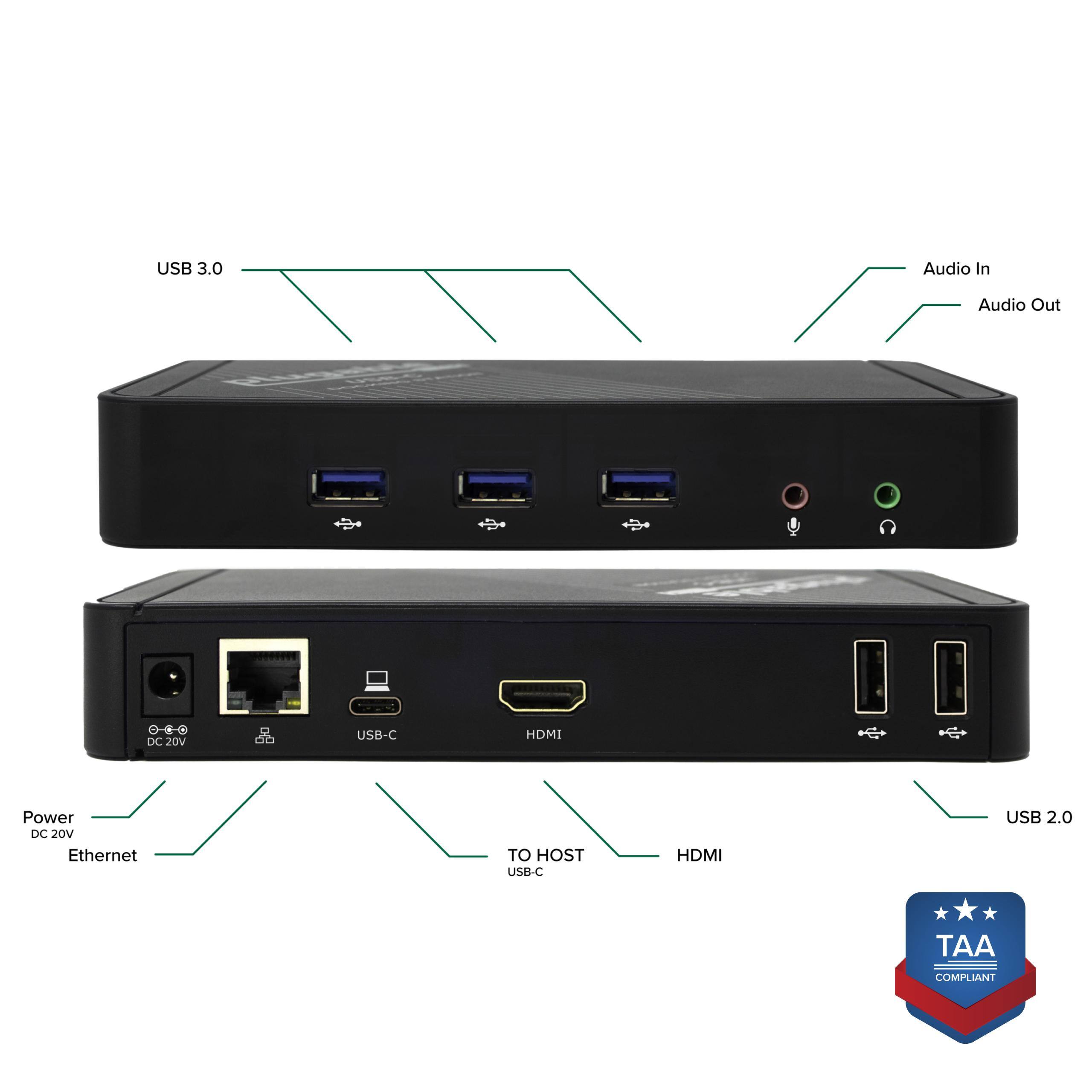 USB 3.0, Audio In, Audio Out, DC 20V, USB-C, HDMI, Power, Ethernet, TO HOST, USB-C, HDMI, USB 2.0, TAA COMPLIANT