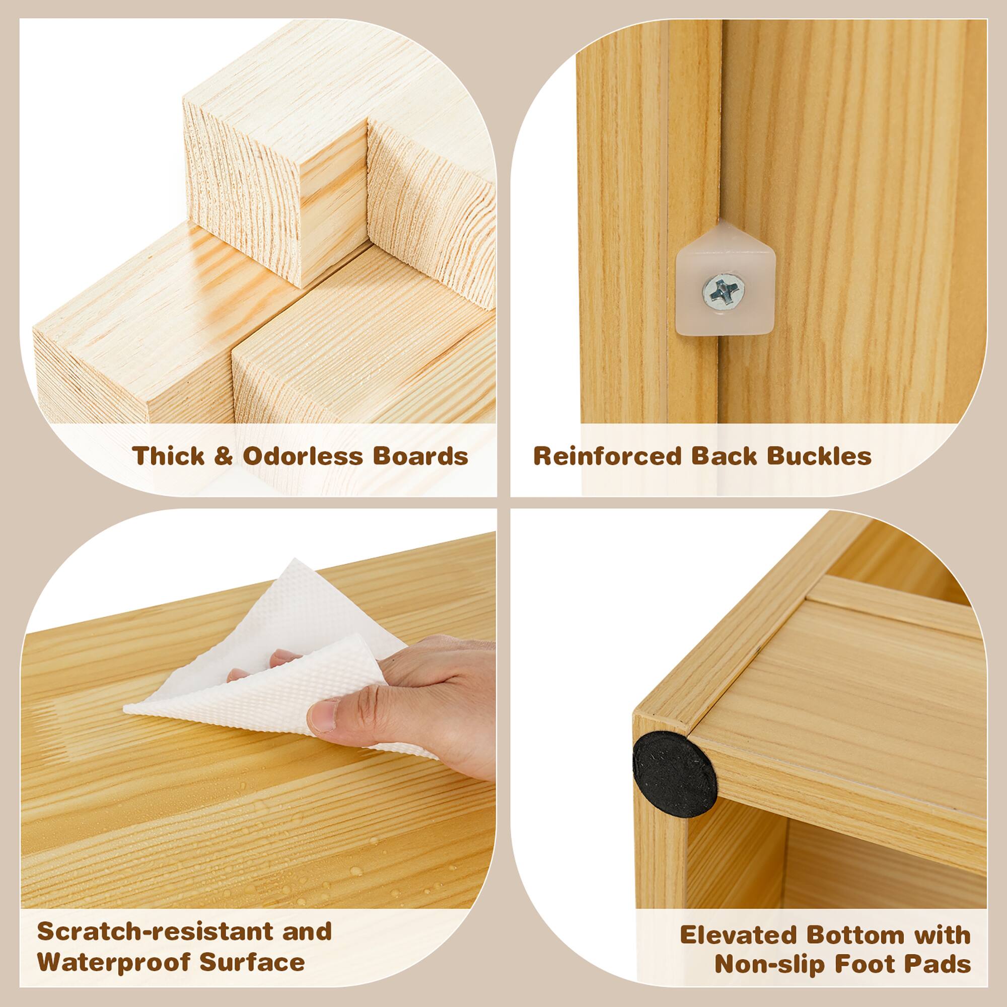 The text on the image can be grouped and corrected as follows:

1. Thick & Odorless Boards:
Thick and odorless boards are made from high-quality materials that provide durability and resistance to moisture, ensuring a long-lasting and pleasant experience.

2. Reinforced Back Buckles:
Reinforced back buckles are designed to provide additional support and stability to the backpack, making it more comfortable and secure to carry.

3. Scratch-resistant and Waterproof Surface:
The scratch-resistant and waterproof surface of the backpack ensures that it remains in good condition, even when subjected to wear and tear or exposure to the elements.

4. Elevated Bottom with Non-slip Foot Pads:
The elevated bottom with non-slip foot pads provides better grip and stability on various surfaces, preventing the backpack from slipping or sliding.

By grouping the text and correcting the grammar, the sentences become more cohesive and easier to understand.