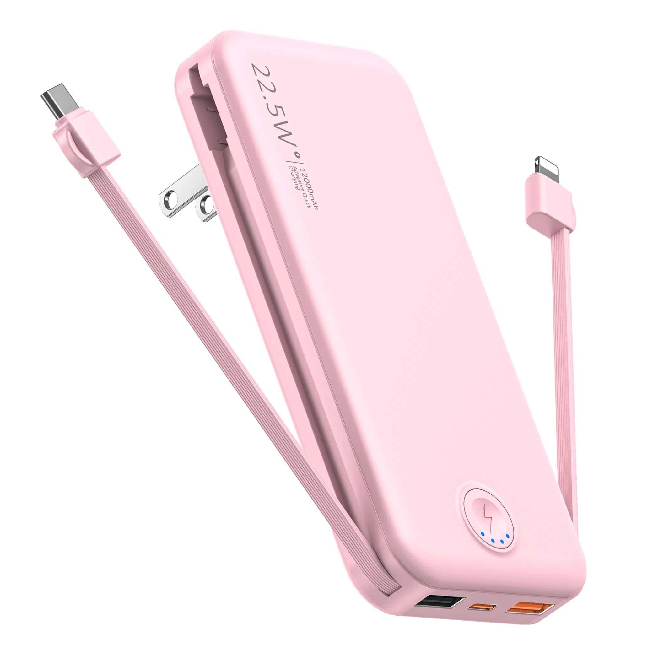 BEARSOLIM - 12000mAh Portable Power Bank with Built in Cables Mobile Phone Portable Charger Power Phone Charger Backup Battery,in Pi - Pink
